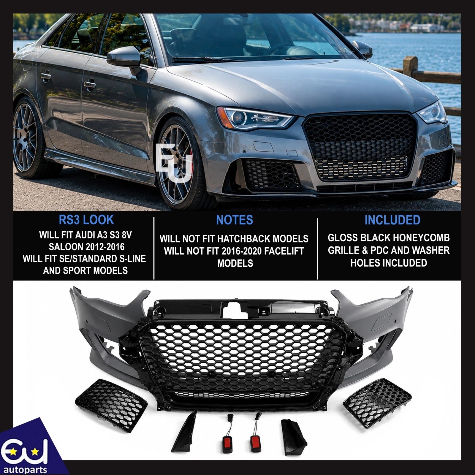 RS3 STYLE FRONT BUMPER CONVERSION KIT FOR AUDI A3 S3 8V 2012-2016 SEDAN W/GRILLE