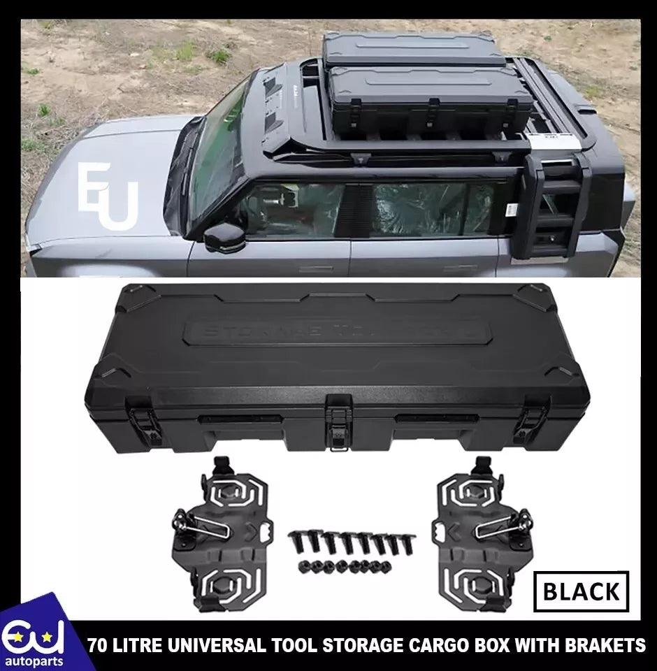 70 LITRE UNIVERSAL TOOL STORAGE CARGO BOX WITH BRAKETS ROOF RAILS RACK 130 CM