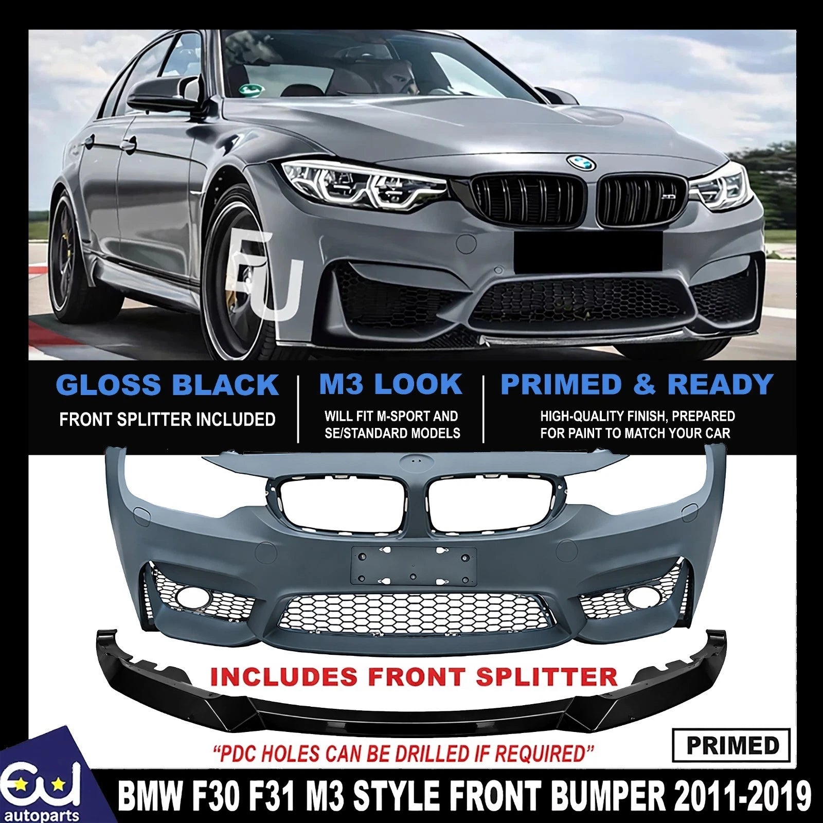 FOR BMW F30 F31 M3 STYLE UPGRADE FRONT BUMPER SPLITTER BODYKIT PRIMED 2011-2019