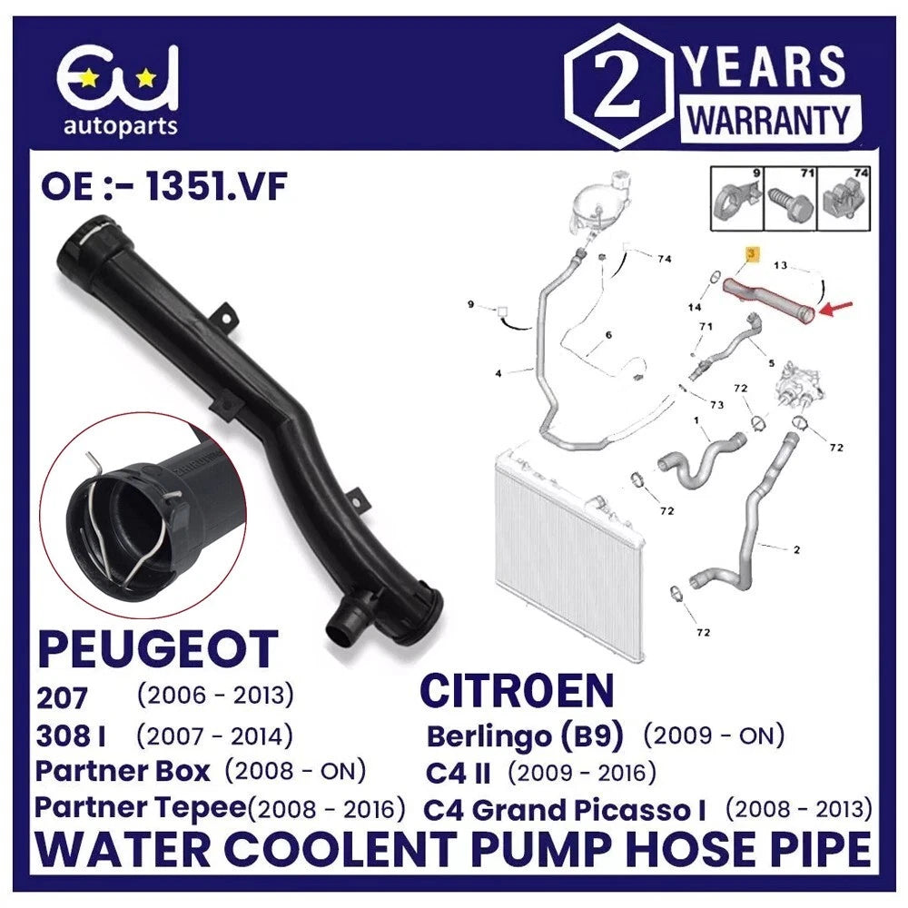FOR PEUGEOT 207 208 307 308 CITROEN C3 C4 DS3 1.4 1.6 BY PASS WATER HOSE PIPE
