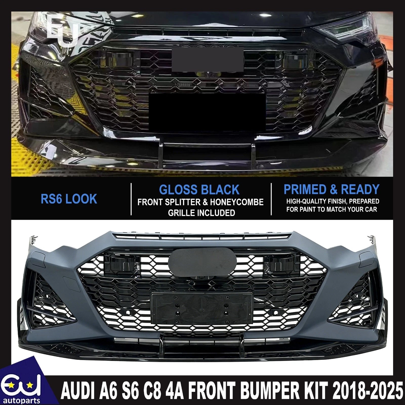 RS6 STYLE LOOK FRONT BUMPER SPLITTER LIP KIT FOR AUDI A6 S6 C8 4A 18–22 W GRILLE