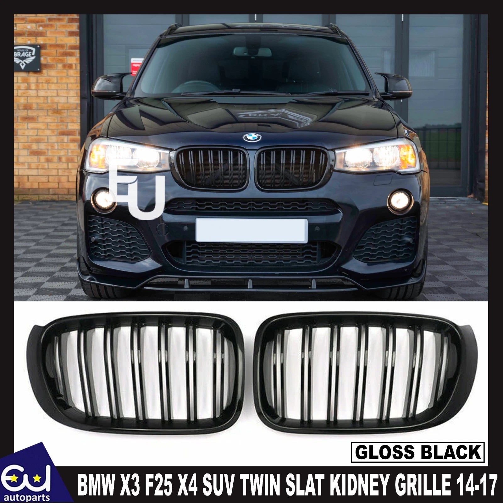 FOR BMW F25 X3 F26 X4 SUV 14-17 GLOSS BLACK FRONT KIDNEY DUAL TWIN GRILLE GRILL