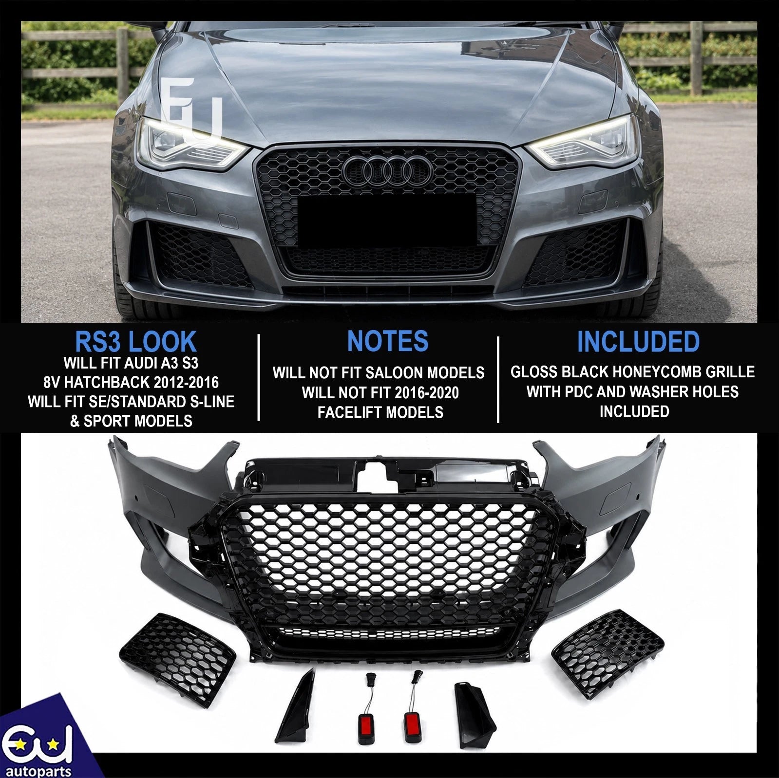 RS3 STYLE FRONT BUMPER CONVERSION KIT FOR AUDI A3 8V 12-16 HATCHBACK