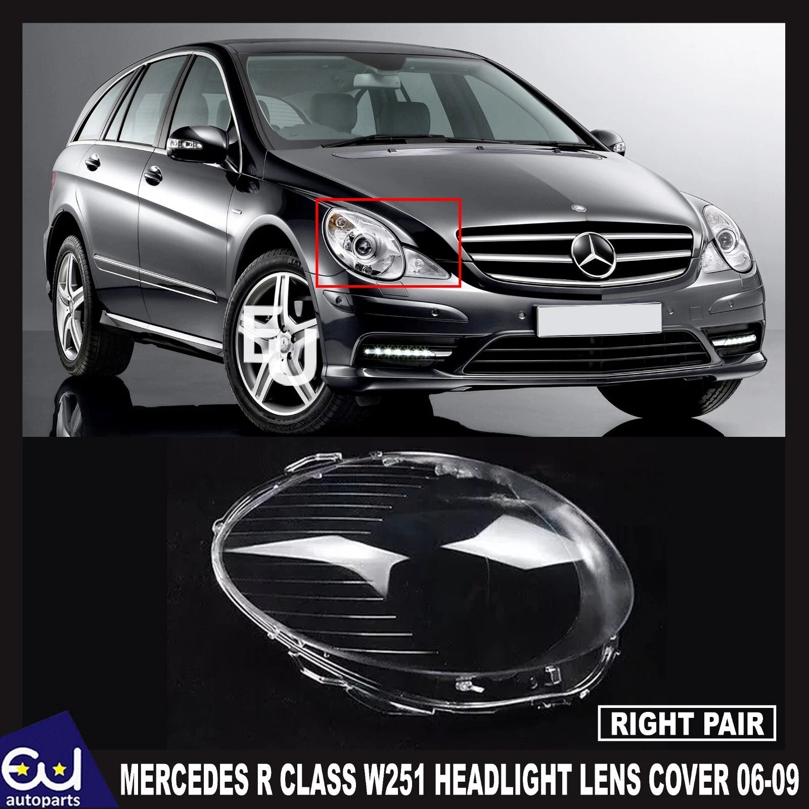 FOR MERCEDES R CLASS W251 2006-2009 RIGHT DRIVER SIDE FRONT HEADLIGHT LENS COVER