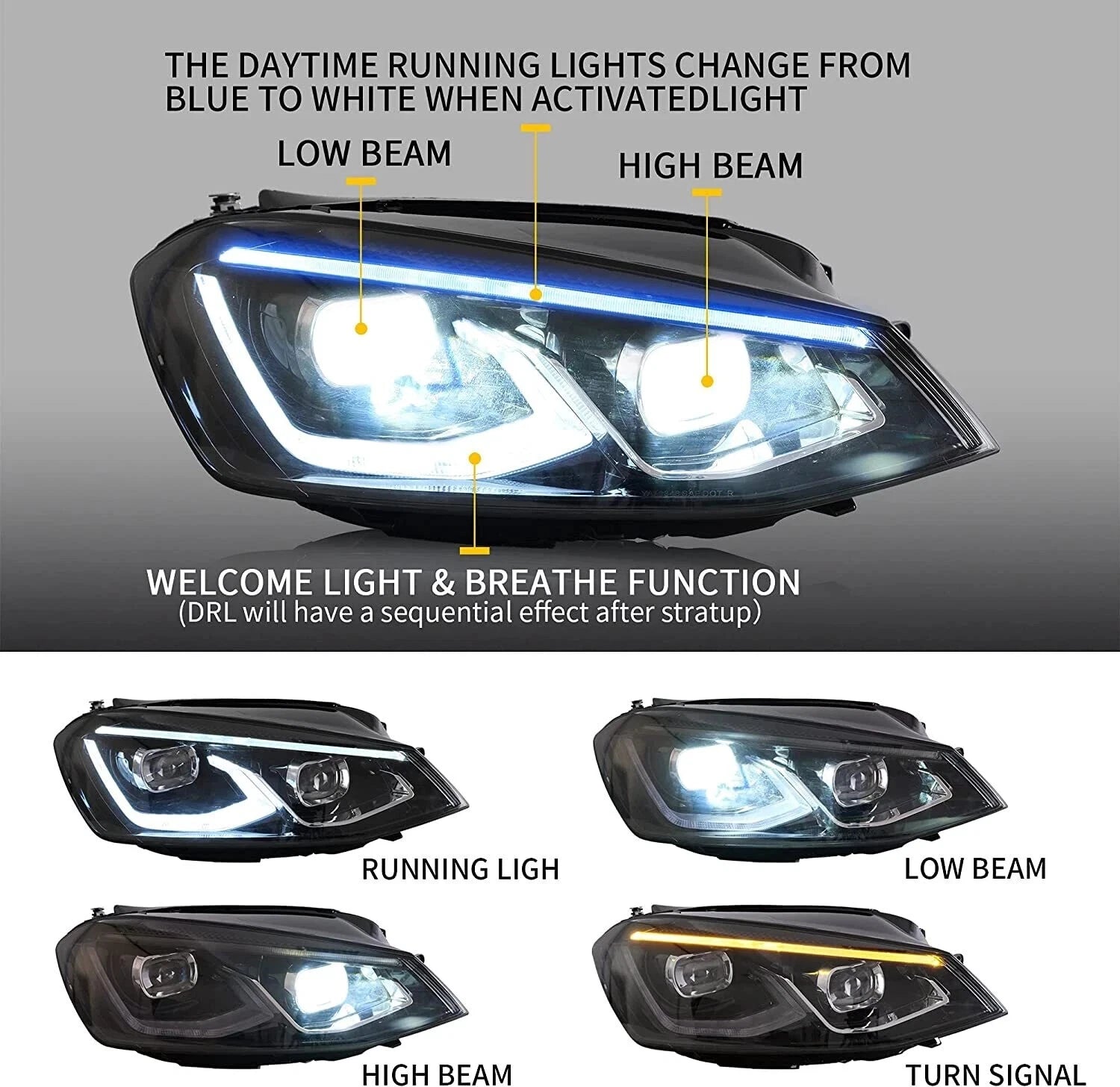 DYNAMIC SEQUENTIAL LED PROJECTOR HEAD LIGHT LIGHTS LAMP FOR VW GOLF 6 MK6 2008+