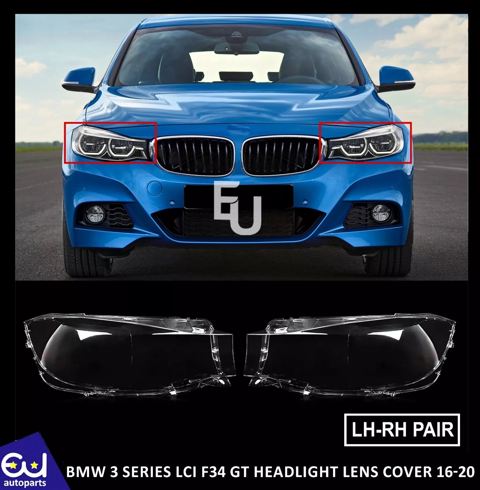 PAIR FOR BMW 3 GT F34 16-20 LCI HEADLIGHT HEADLAMP PLASTIC LENS COVER LEFT+RIGHT