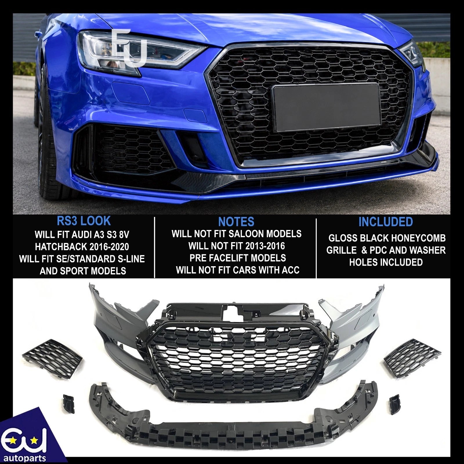 FRONT BUMPER RS3 STYLE CONVERSION FOR AUDI A3 HATCHBACK SPORTSBACK 8V 2016-2020