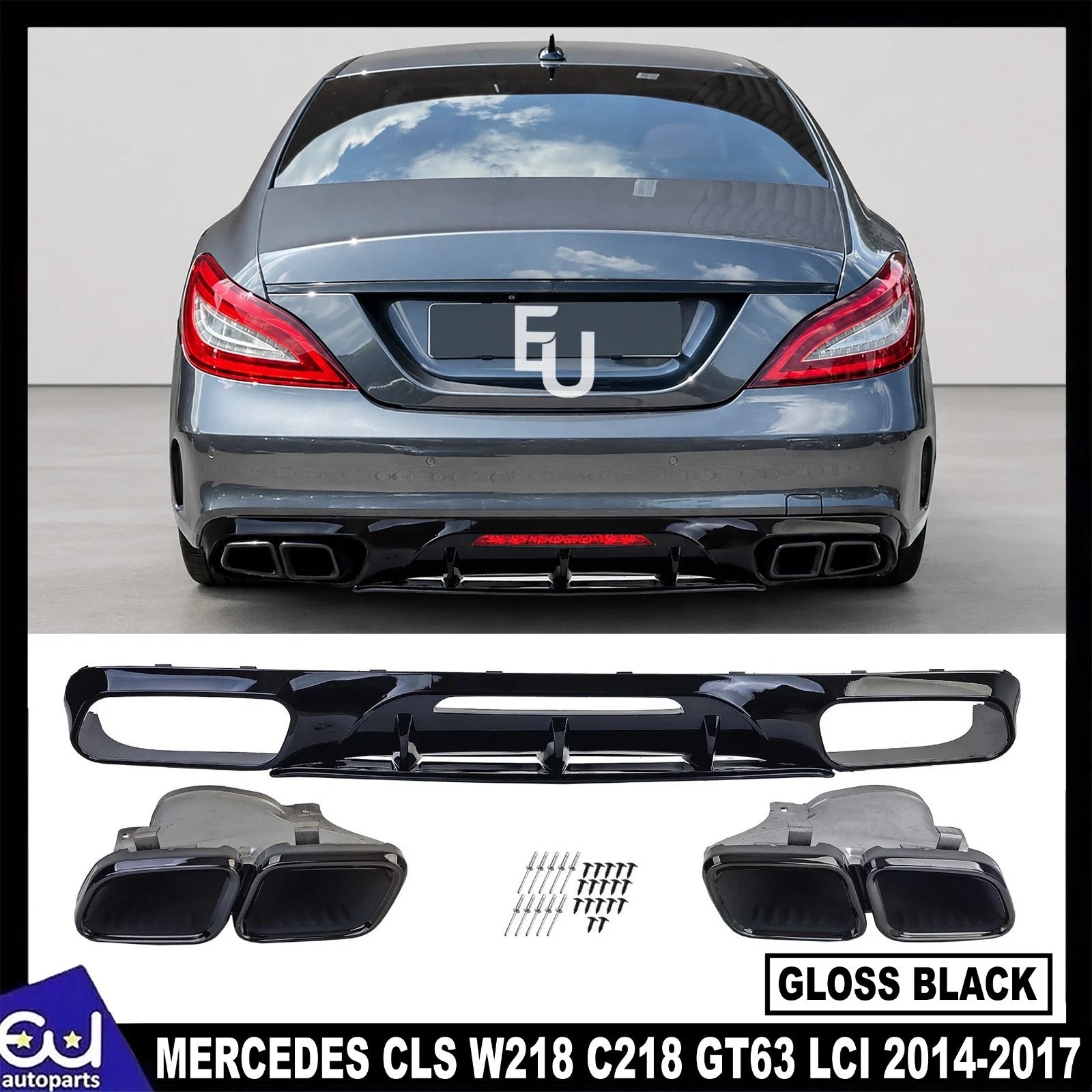 FOR MERCEDES CLS W218 C218 GT63 LCI REAR DIFFUSER W/TAILPIPE GLOSS BLACK 14-17