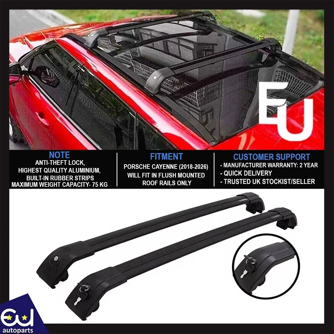 FOR PORSCHE CAYENNE LOCKABLE ALUMINIUM CROSS BARS ROOF RAIL OE FIT NEW BLACK 18+