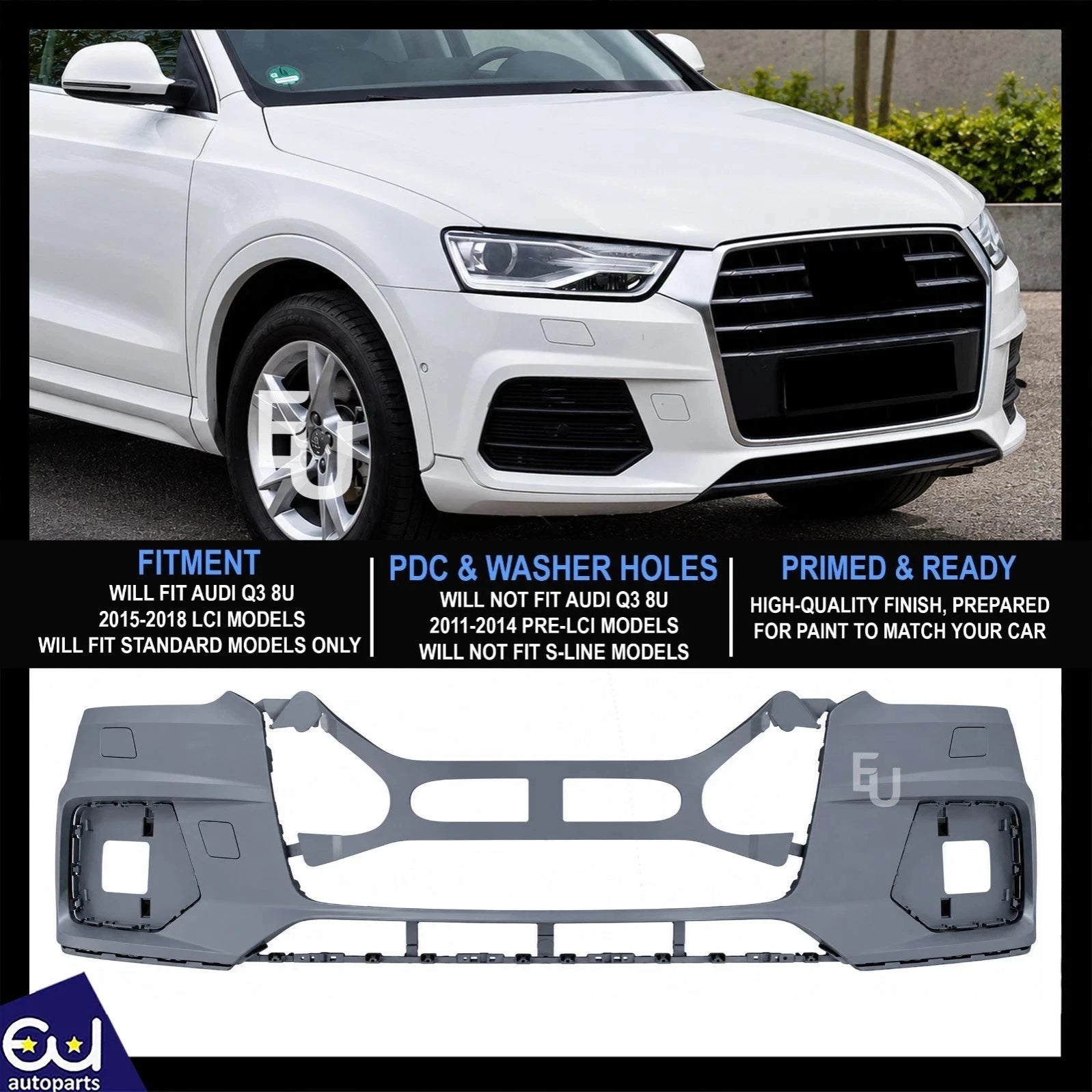 FOR AUDI Q3 8U SE STANDARD 2015-2018 LCI FRONT BUMPER PRIMED W/ WASHER PDC HOLE