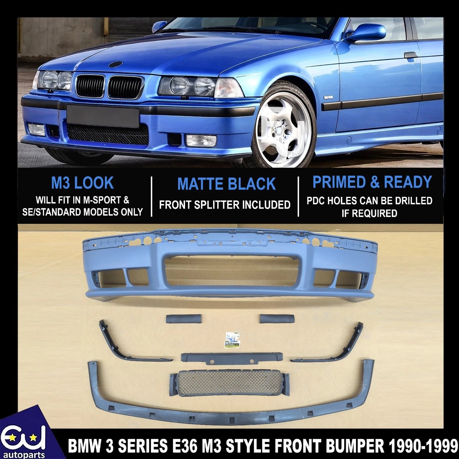 FRONT BUMPER M SPORT M3 LOOK STYLE REPLACEMENT FOR BMW 3 SERIES E36 1990-1999