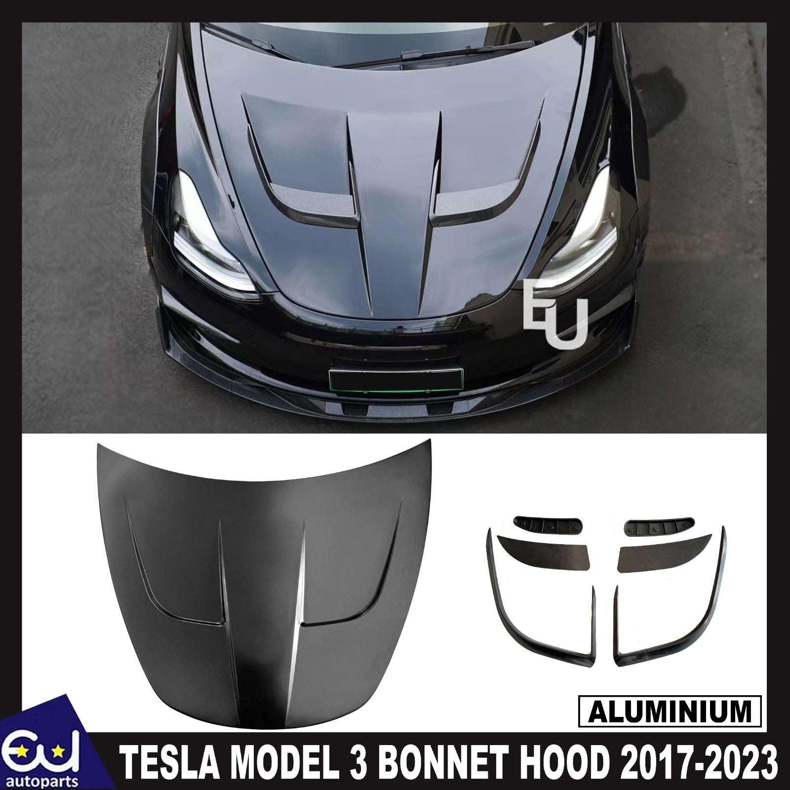BRAGE DESIGN ALUMINIUM VENTED TURBO STYLE BONNET HOOD FOR TESLA MODEL 3 2017-23