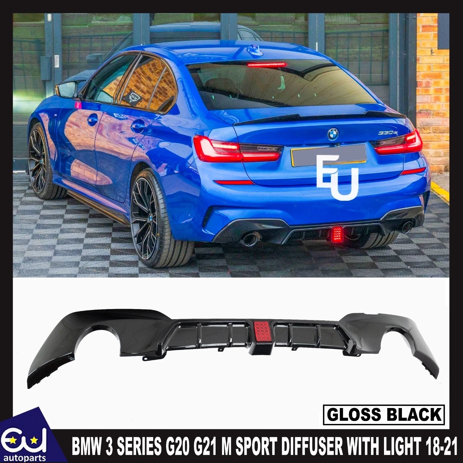 M SPORT GLOSS BLACK REAR DIFFUSER FOR BMW 3 SERIES G20 G21 WITH LIGHT 2018-2021
