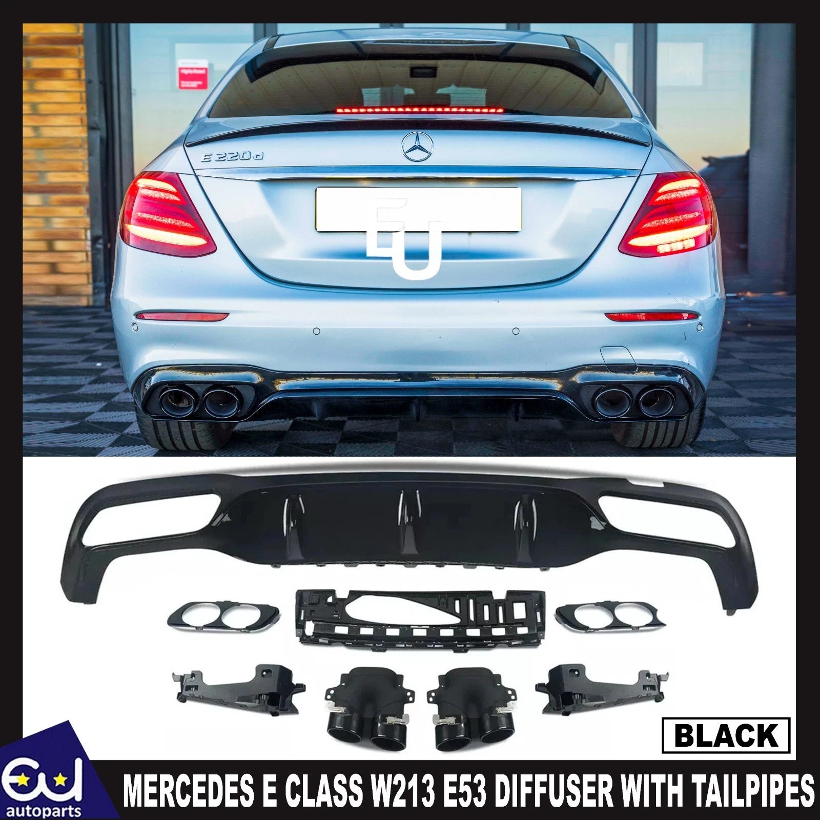 FOR MERCEDES E CLASS W213 E53 LOOK AMG REAR BUMPER DIFFUSER W/ TAILPIPES BLACK