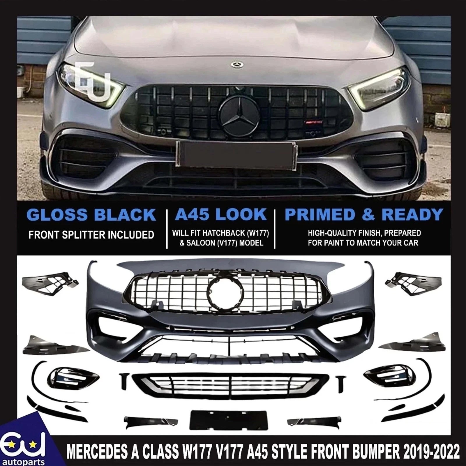 FOR MERCEDES A CLASS W177 V177 A45 STYLE FULL FRONT BUMPER GRILL BODYKIT 2019-22