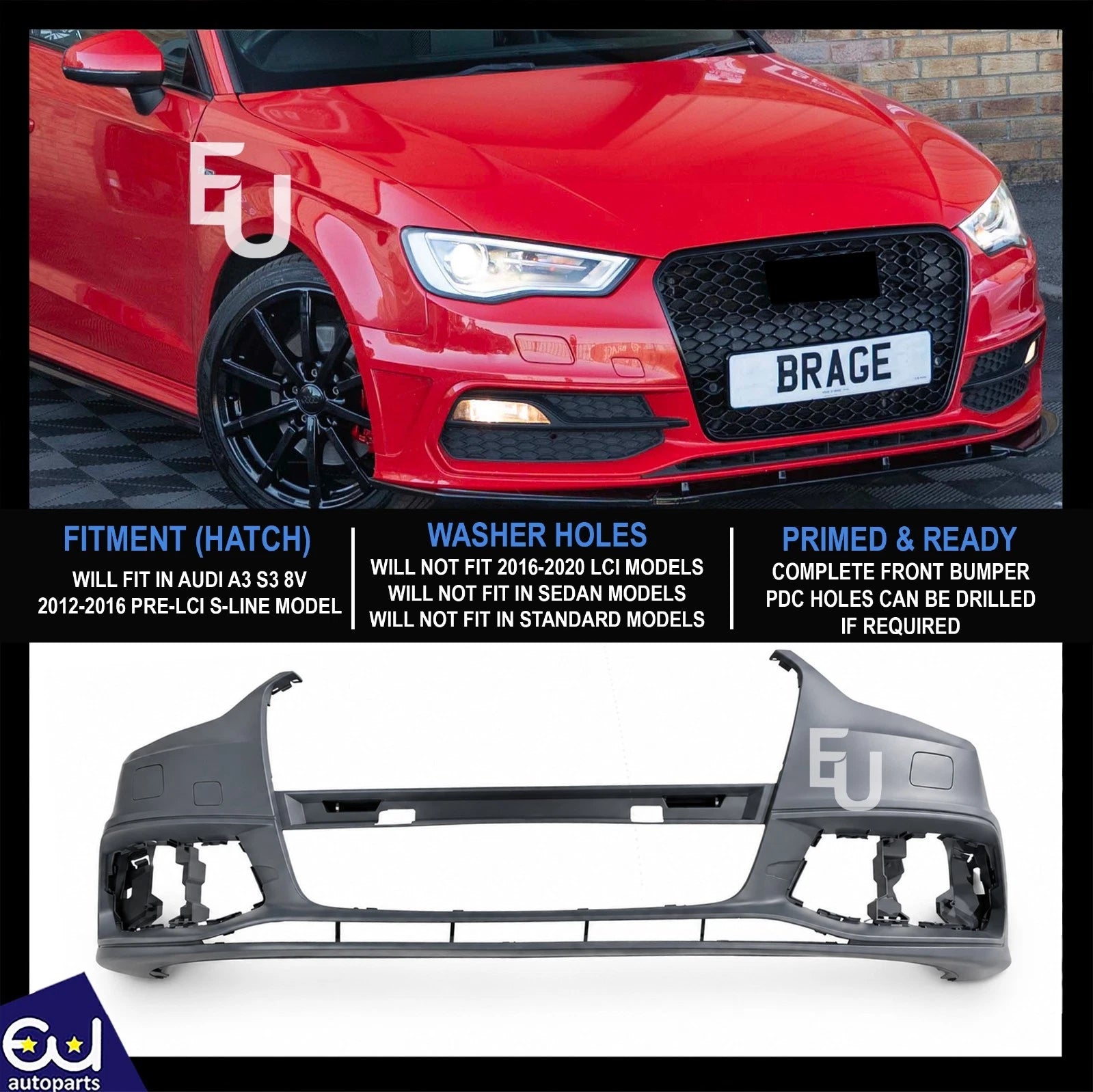 FOR AUDI A3 S3 8V 2012-16 S-LINE HATCHBACK FRONT BUMPER W/ WASHER 8V0807065GGRU