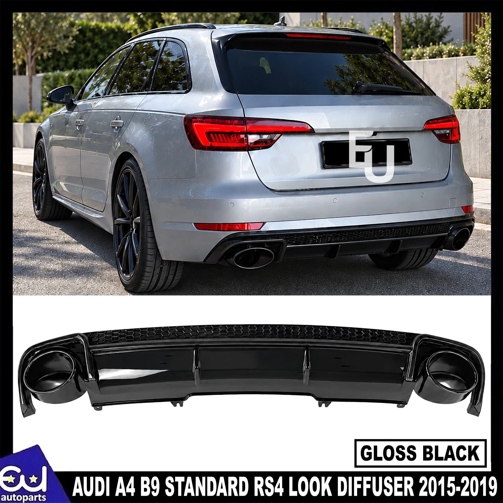 FOR AUDI A4 B9 STANDARD RS4 LOOK REAR BUMPER DIFFUSER W/TAILPIPE GLOSS 2015-2019