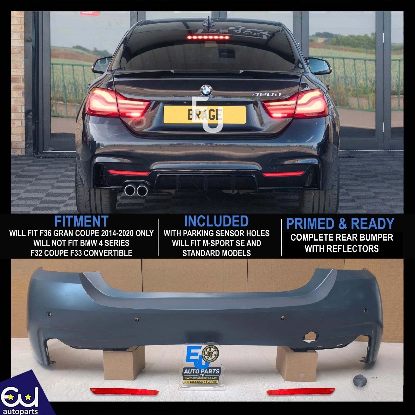 FOR BMW 4 SERIES F36 GRAN COUPE 2014-2020 M-SPORT REAR BUMPER WITH PDC HOLES