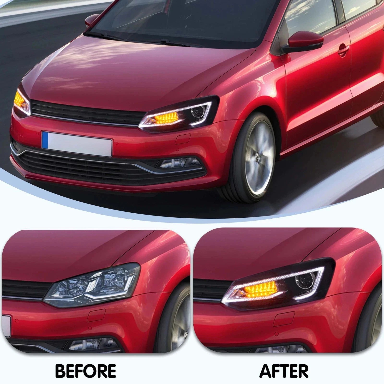 LED HEADLIGHT SMOKED REAR TAIL LIGHTS LAMP SET FOR VW POLO 11-17 WITH SEQUENTIAL
