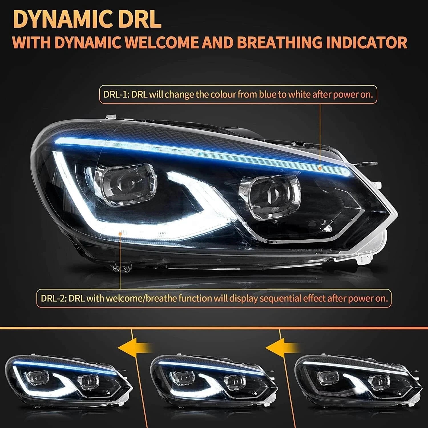 DYNAMIC SEQUENTIAL LED PROJECTOR HEAD LIGHT LIGHTS LAMP FOR VW GOLF 6 MK6 2008+