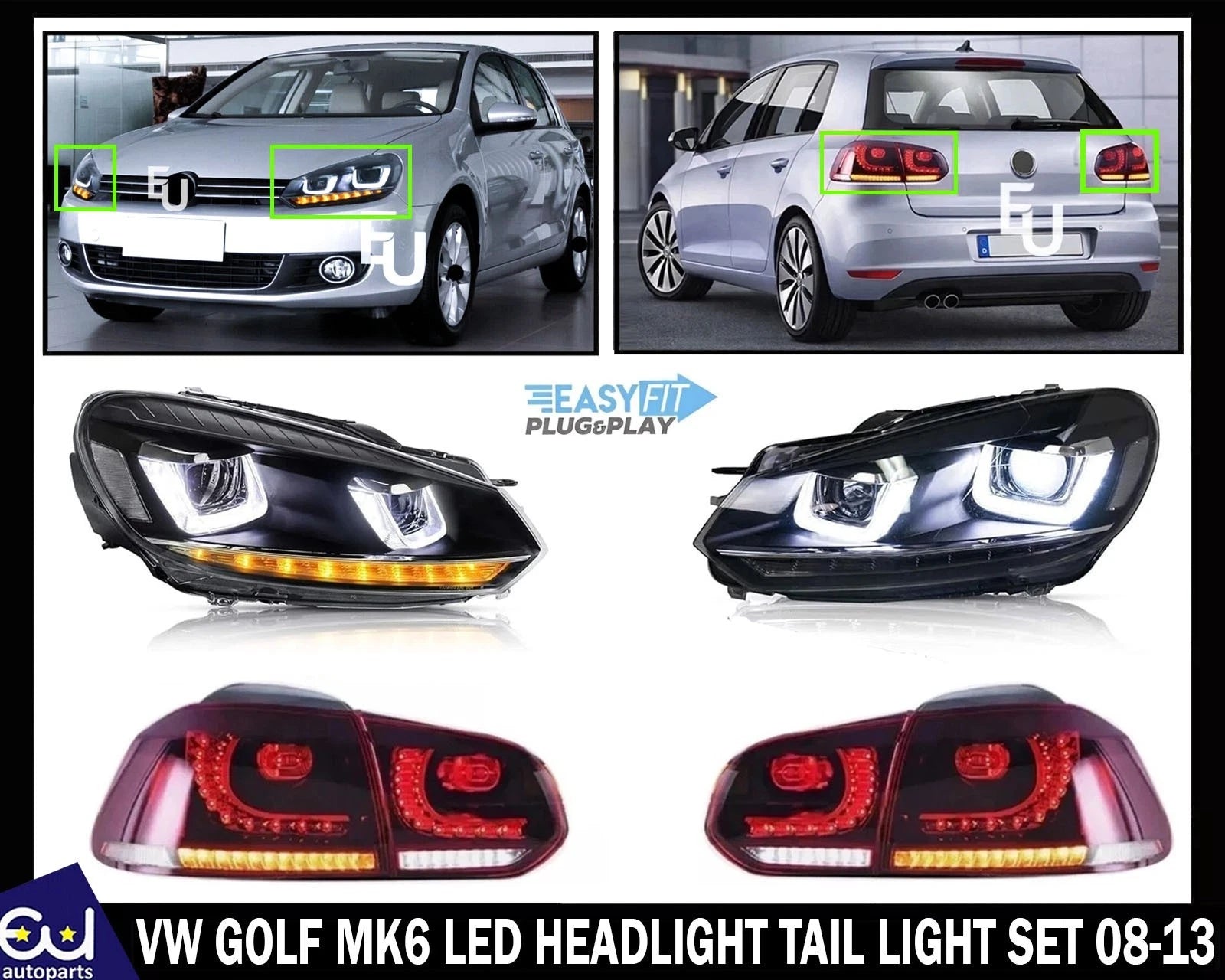 HEADLIGHT SMOKED REAR TAIL LIGHTS LAMP SET FOR VW GOLF MK6 LED 08-13 SEQUENTIAL