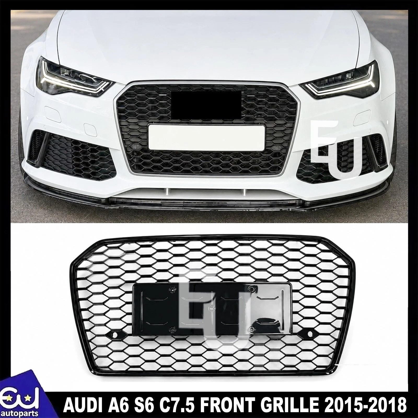 RS6 LOOK FRONT HONEYCOMB GRILL GRILLE FOR AUDI A6 S6 C7.5 2015-18 BLACK NO LOGO