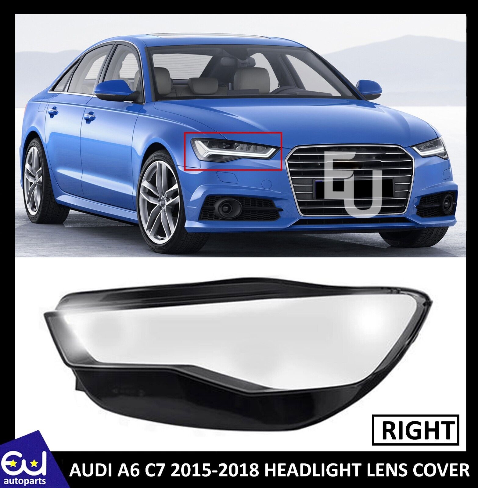 RIGHT SIDE HEADLIGHT LENS COVER LAMP SHADE REPLACEMENT FOR AUDI A6 C7 2015-2018