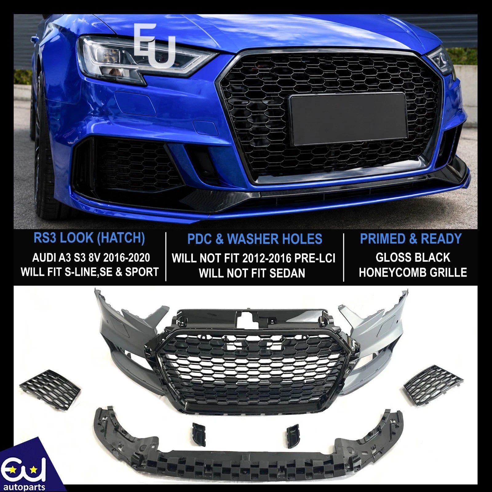 FRONT BUMPER RS3 STYLE CONVERSION FOR AUDI A3 HATCHBACK SPORTSBACK 8V 2016-2020