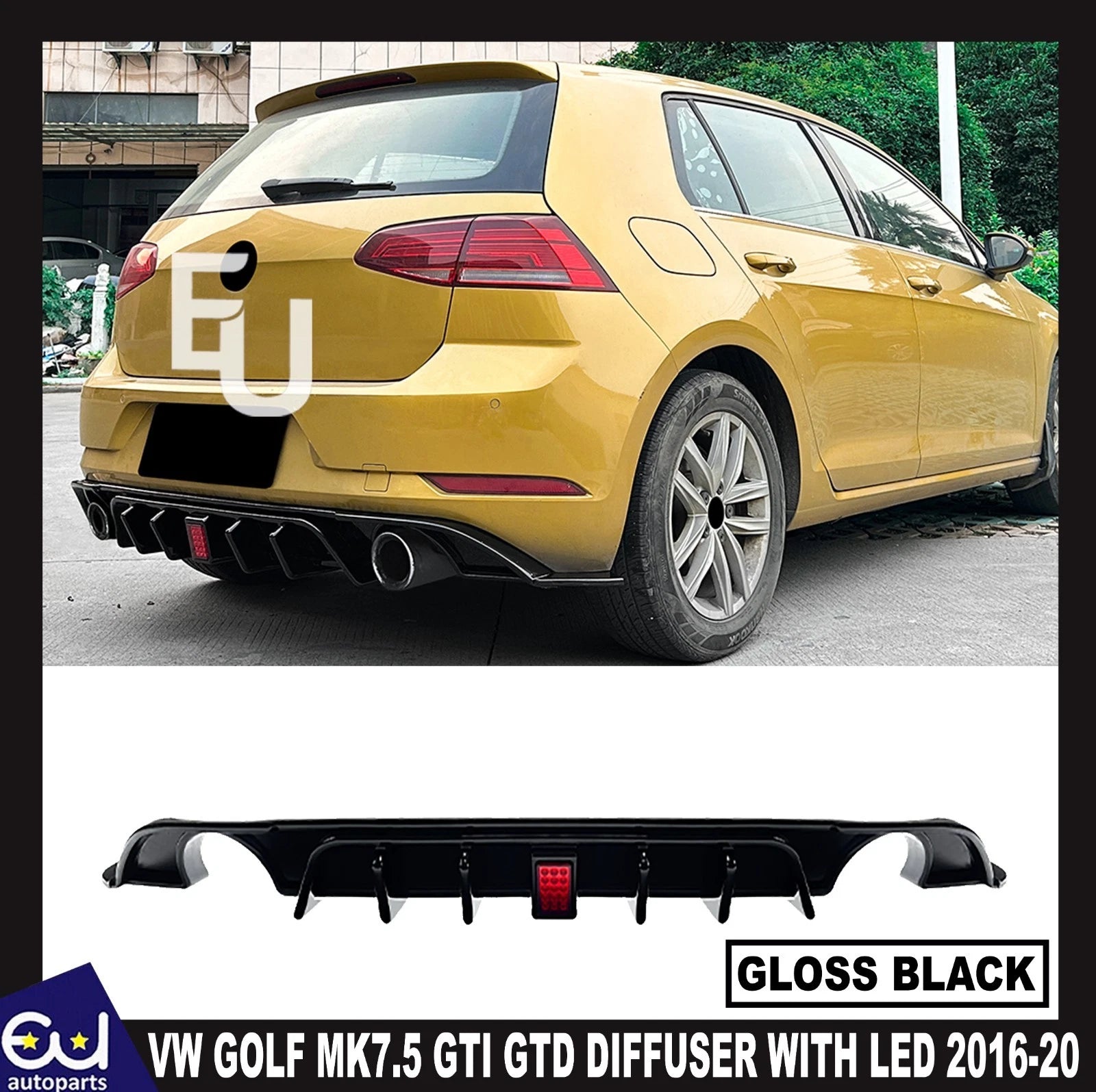 REAR DIFFUSER F1 LIGHT TCR STYLE GLOSS BLACK FOR VW GOLF MK7.5 GTI GTE GTD 16-20