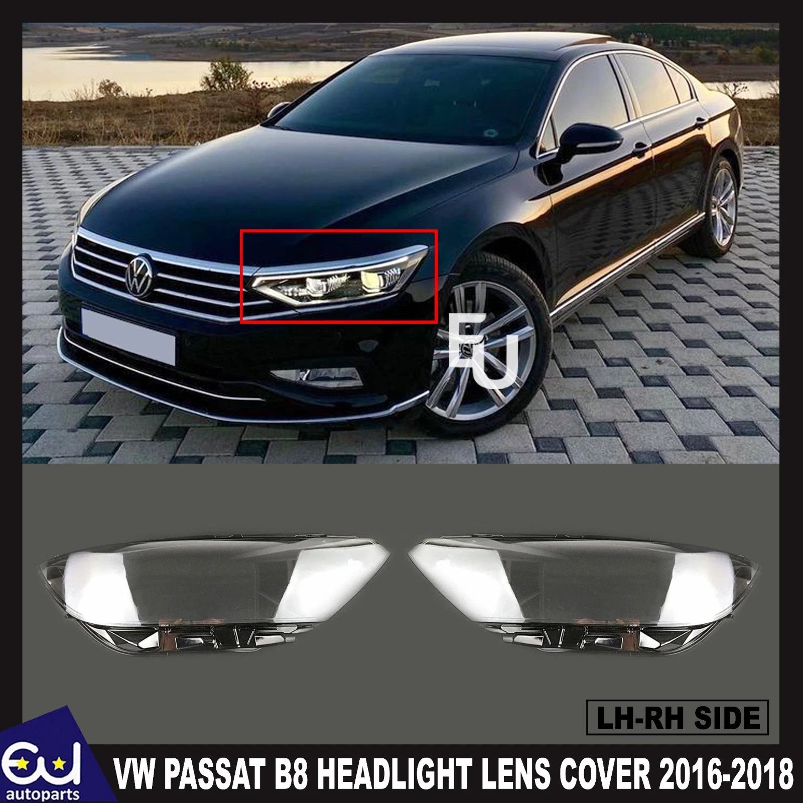 FOR VW PASSAT B8 16-18 L+R PAIR FRONT CLEAR HEADLIGHT COVER LENS SHELL LAMPSHADE