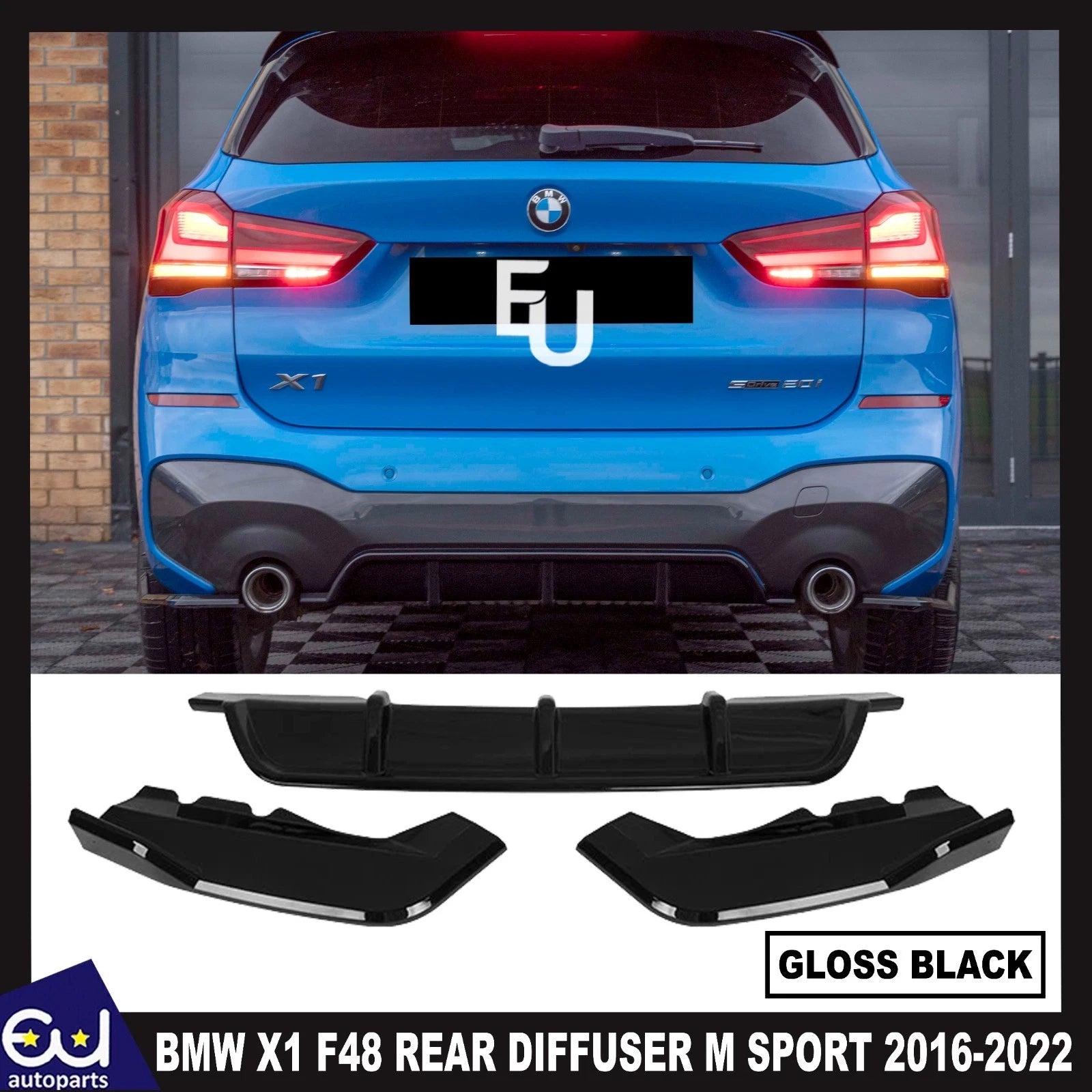 REAR BUMPER DIFFUSER SPOILER LIP FOR BMW X1 F48 2016-2022 M SPORT GLOSS BLACK