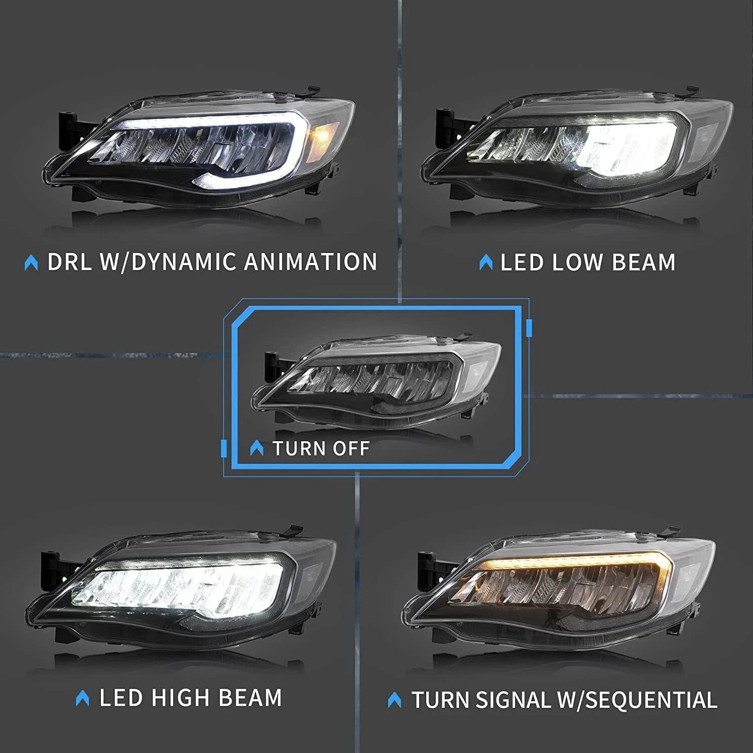 PAIR HEADLIGHTS LAMP W/ANIMATION FOR SUBARU WRX STI / IMPREZA 08-14 LED DRL SETS