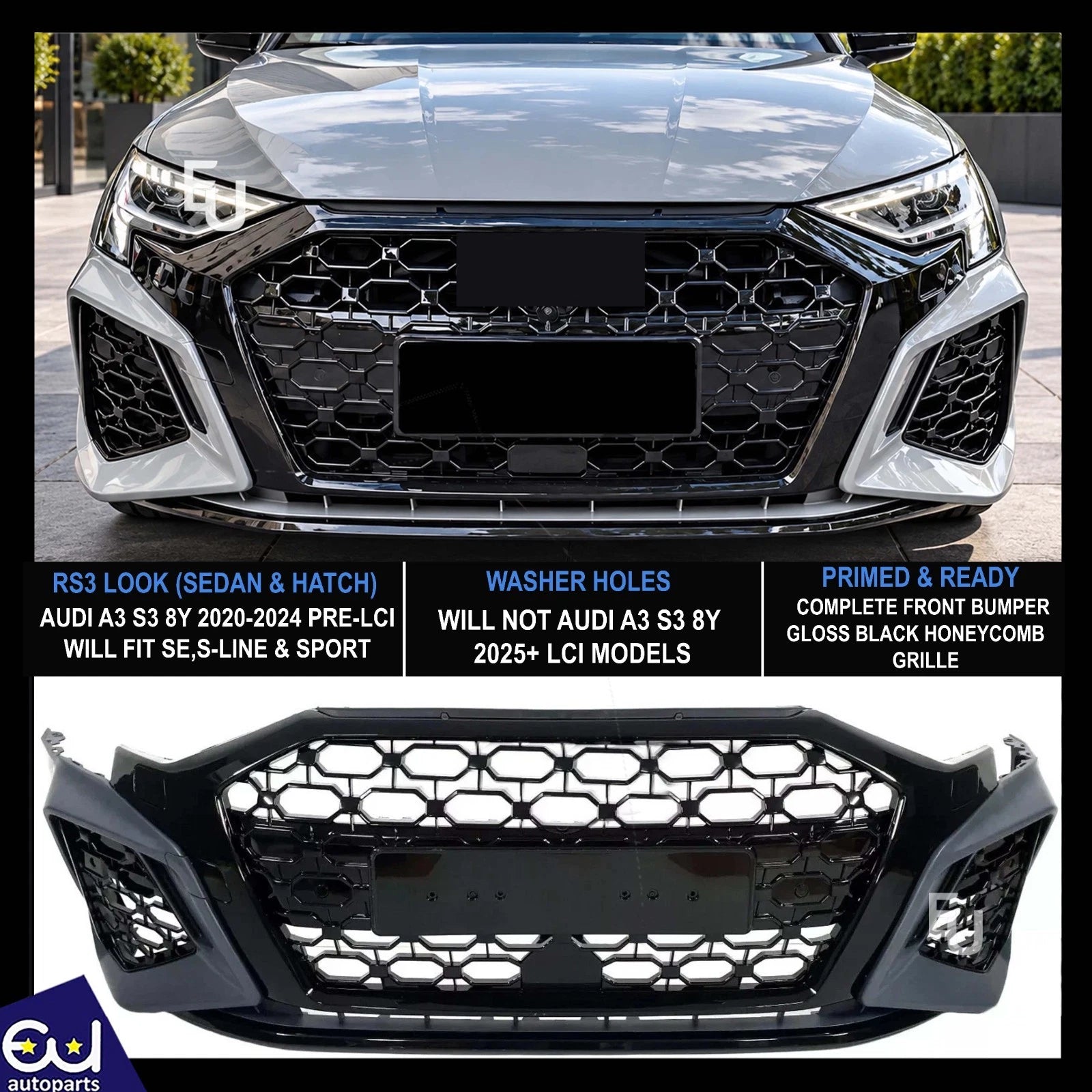 RS3 CONVERSION FRONT BUMPER BODYKIT GRILLE FOR AUDI A3 S3 8Y 2020-24 SEDAN HATCH