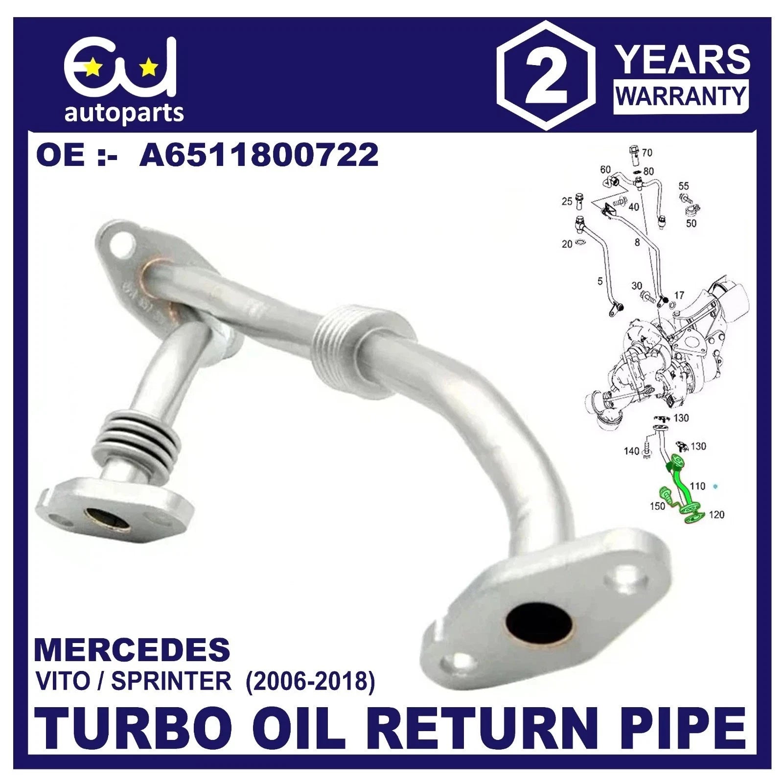 FOR MERCEDES VITO / SPRINTER OM651 TURBO OIL RETURN PIPE A6511800722 2006-2018