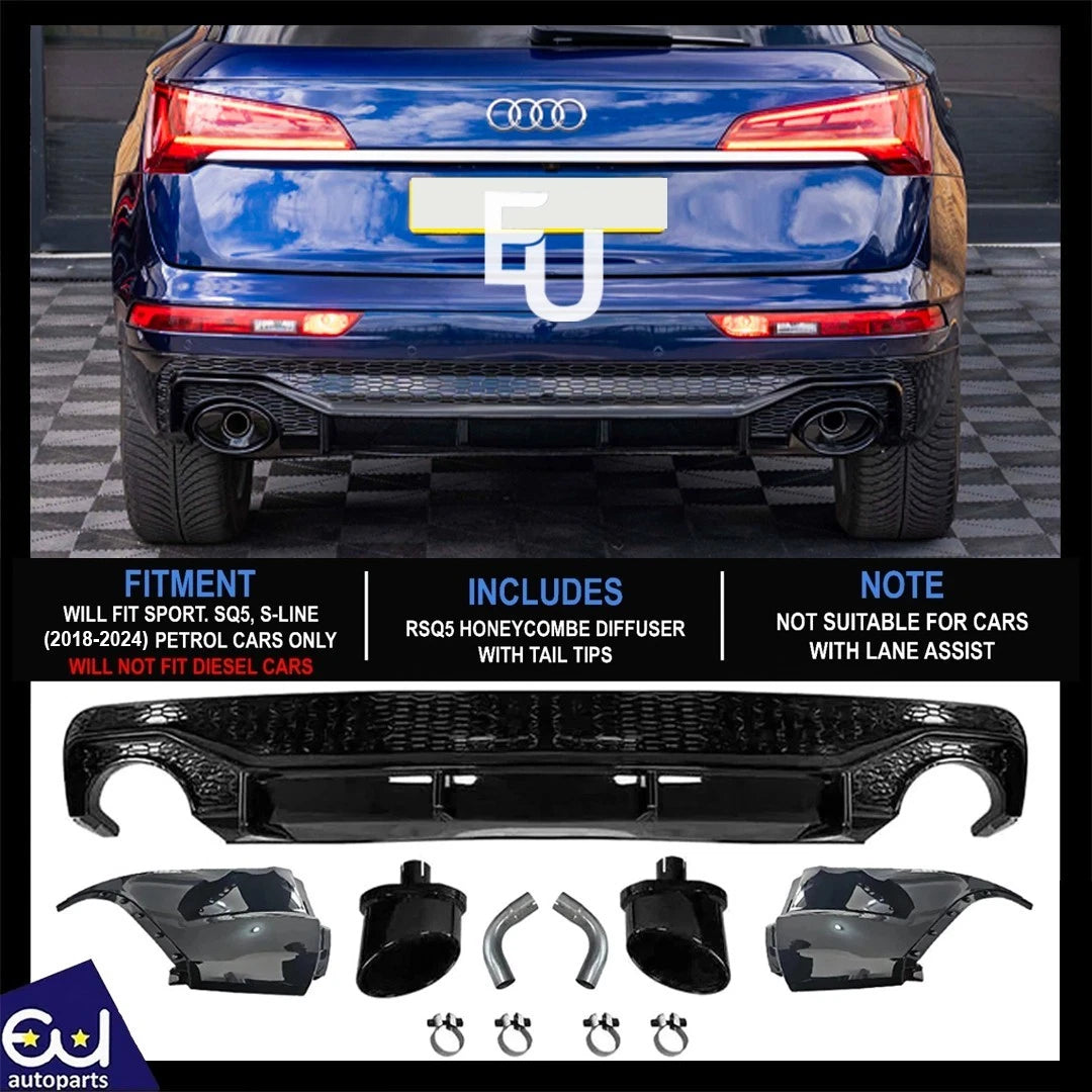 REAR DIFFUSER SQ5 LOOK GLOSS BLACK QUAD EXHAUST TAILPIPE FOR AUDI Q5 S-T 2018-24