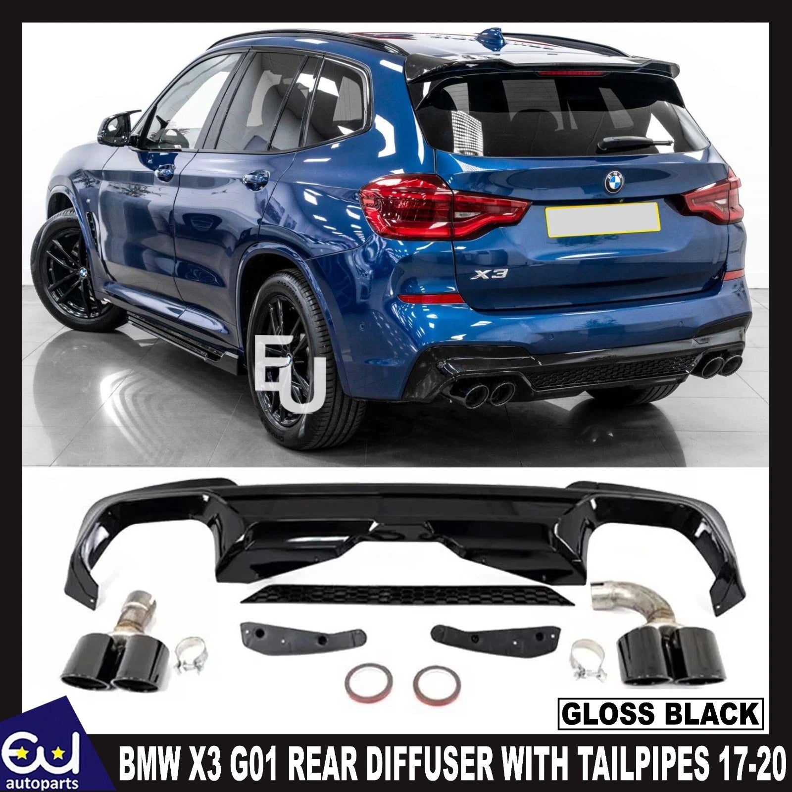 FOR BMW X3 G01 MP STYLE X3M REAR DIFFUSER WITH TAILPIPE GLOSS BLACK 17-20