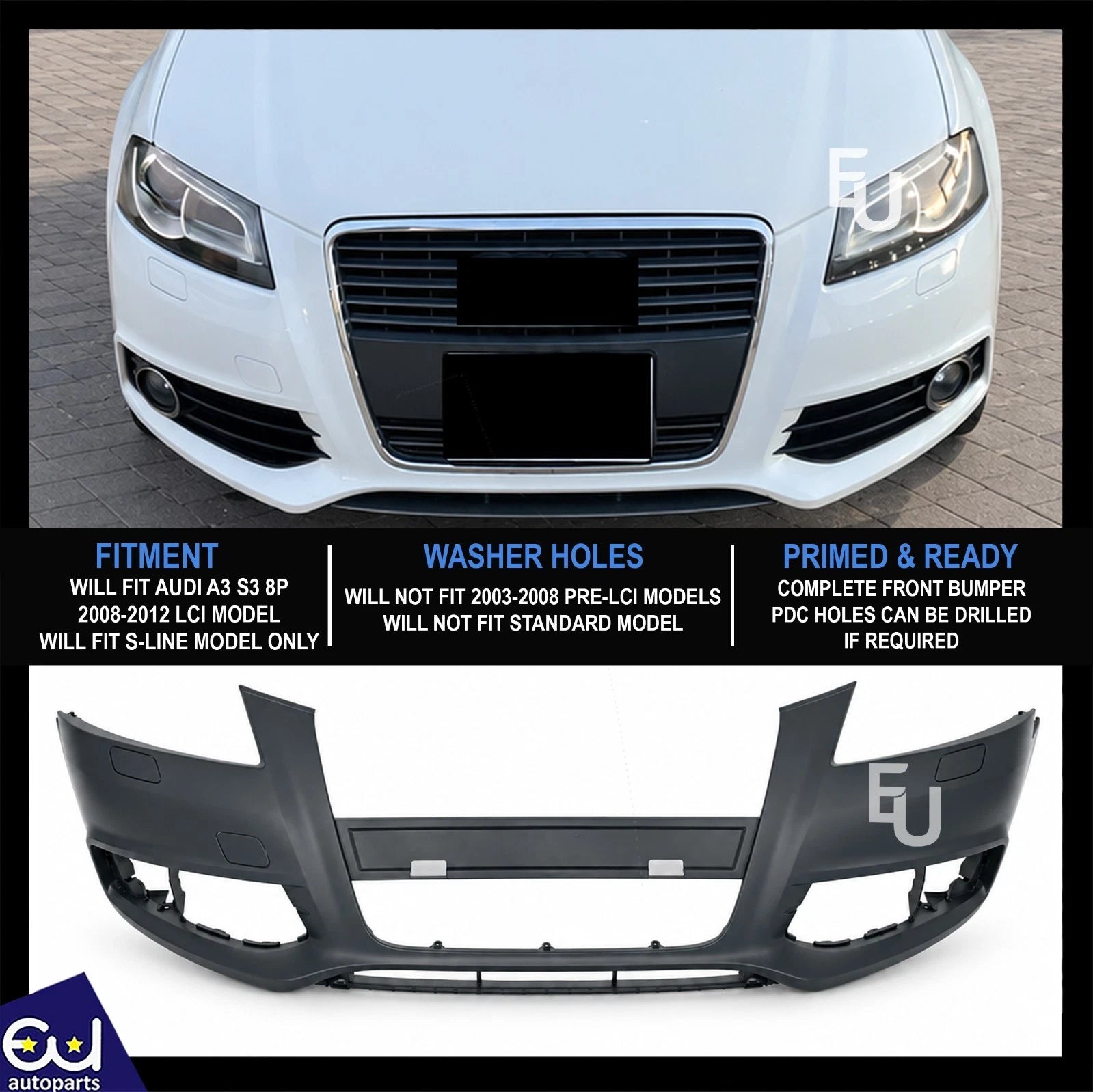 FOR AUDI A3 S3 8P S-LINE 08-12 LCI PRIMED FRONT BUMPER WITH WASHER 8P0807105MGRU