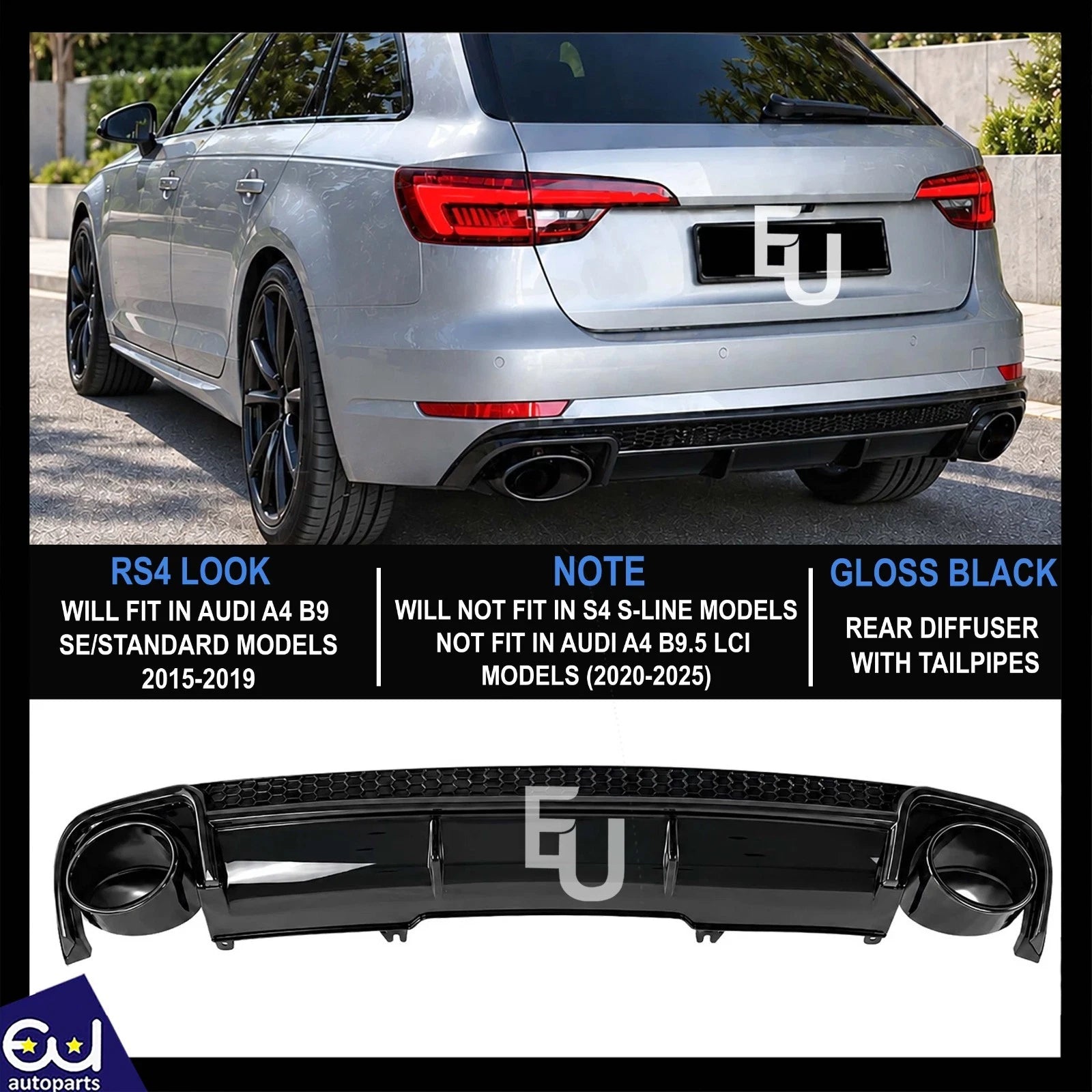 FOR AUDI A4 B9 STANDARD RS4 LOOK REAR BUMPER DIFFUSER W/TAILPIPE GLOSS 2015-2019