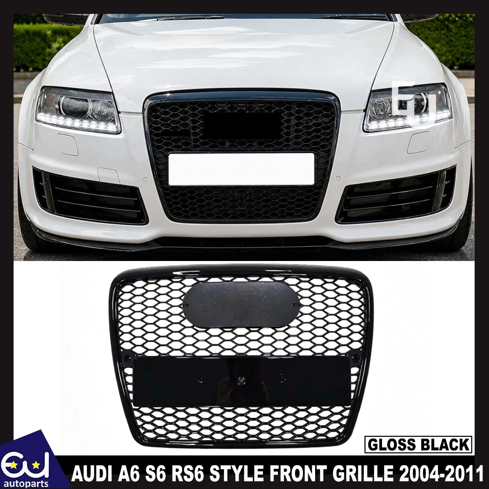 FRONT HONEYCOMB GRILL RS6 STYLE GRILLE GLOSS BLACK FOR AUDI A6 2004-2011