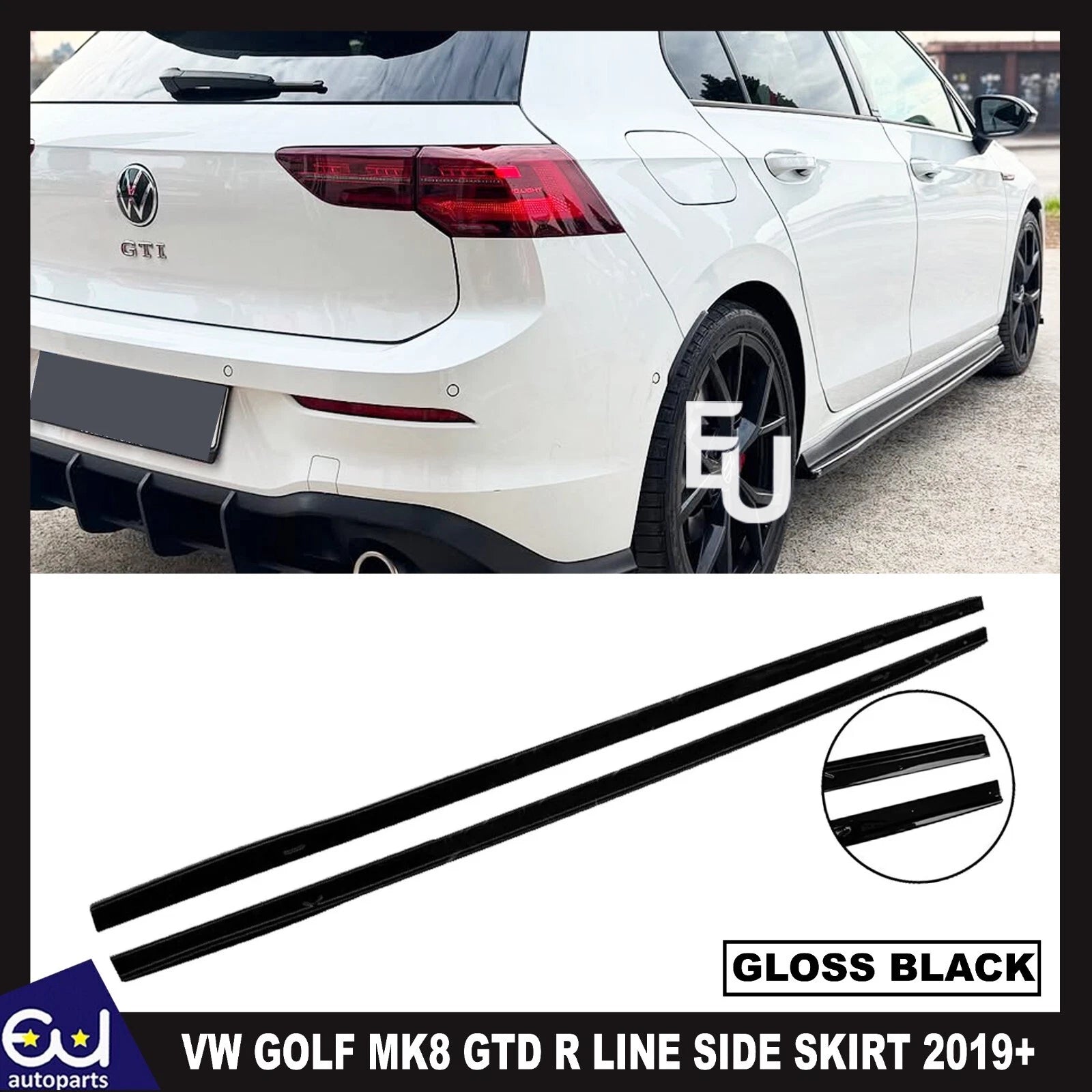 FOR VW GOLF MK8 2019-2023 GTI GTD R LINE SIDE SKIRT EXTENSION BLADES GLOSS BLACK
