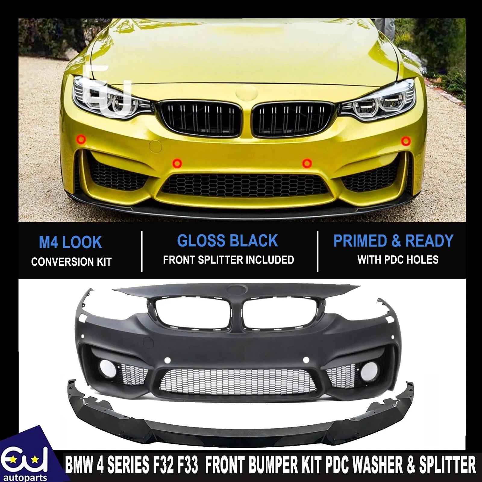 FOR BMW 4 SERIES F32 F33 F36 M4 CONVERSION FRONT BUMPER KIT PDC WASHERS SPLITTER