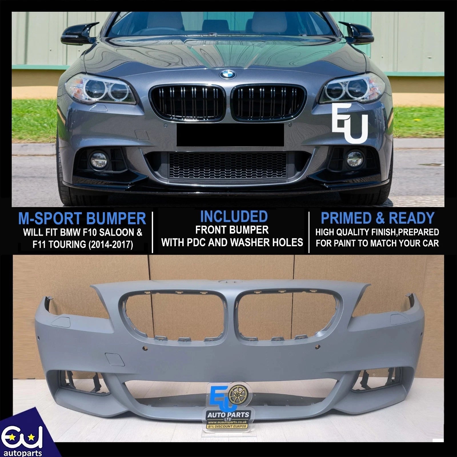 FOR BMW 5 SERIES F10 F11 M-SPORT 2013-17 FRONT BUMPER PRIMED PDC & WASHER HOLES