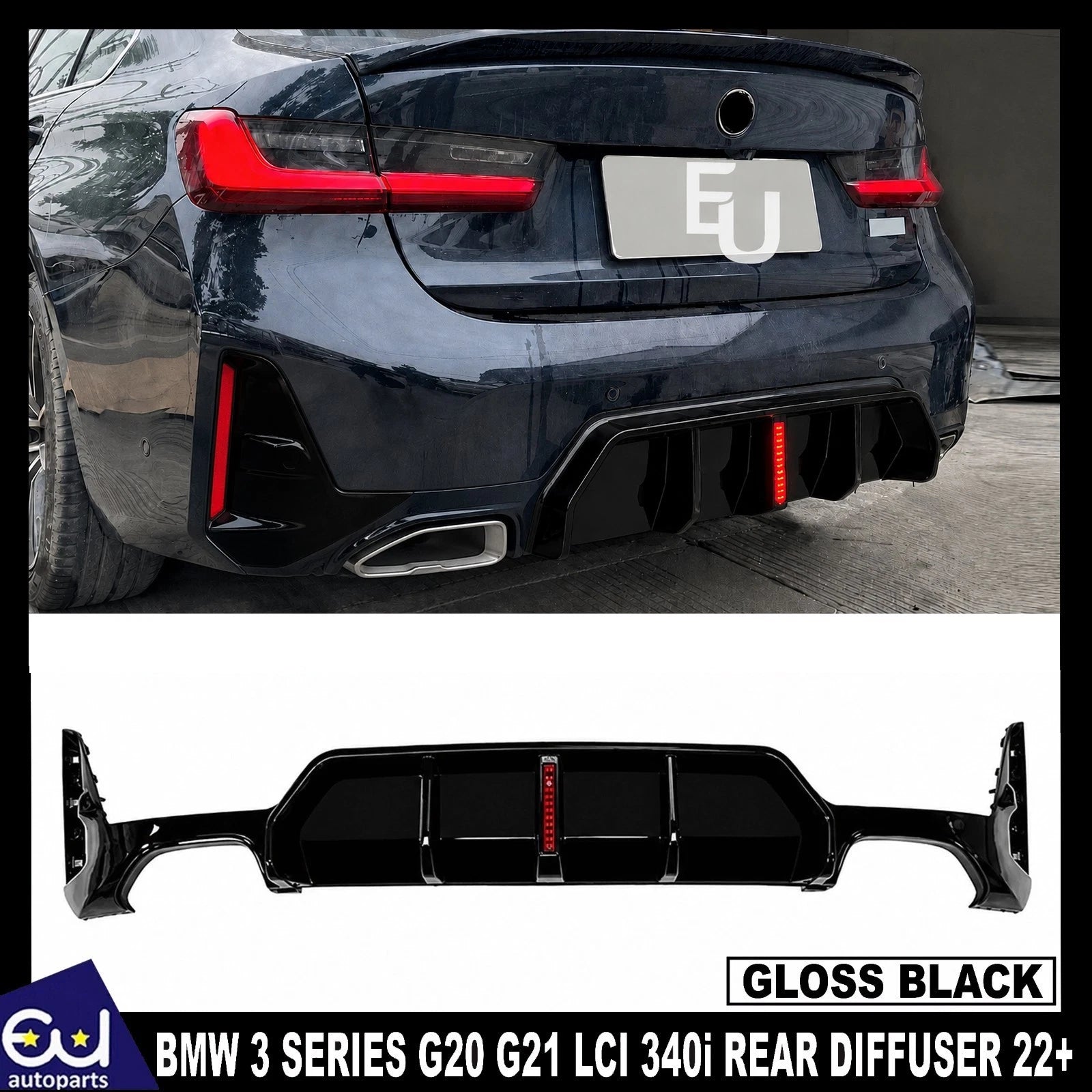 FOR BMW 3 SERIES G20 G21 LCI M SPORT 340i REAR BUMPER DIFFUSER WITH LED 2022+