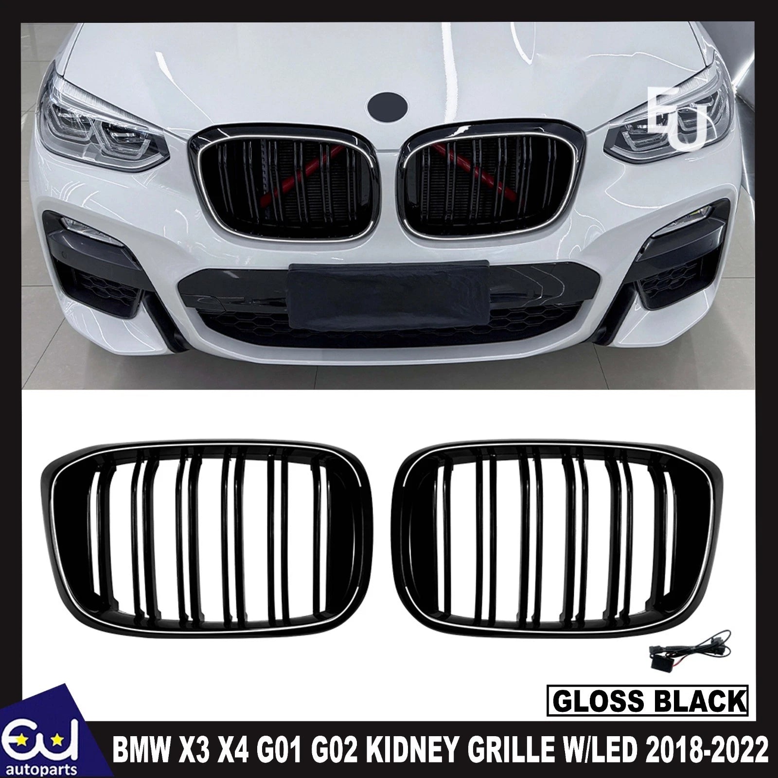 FOR BMW X3 G01 X3M G02 X4 GLOSS BLACK FRONT KIDNEY DUAL LED GRILLE GRILL 18-2022