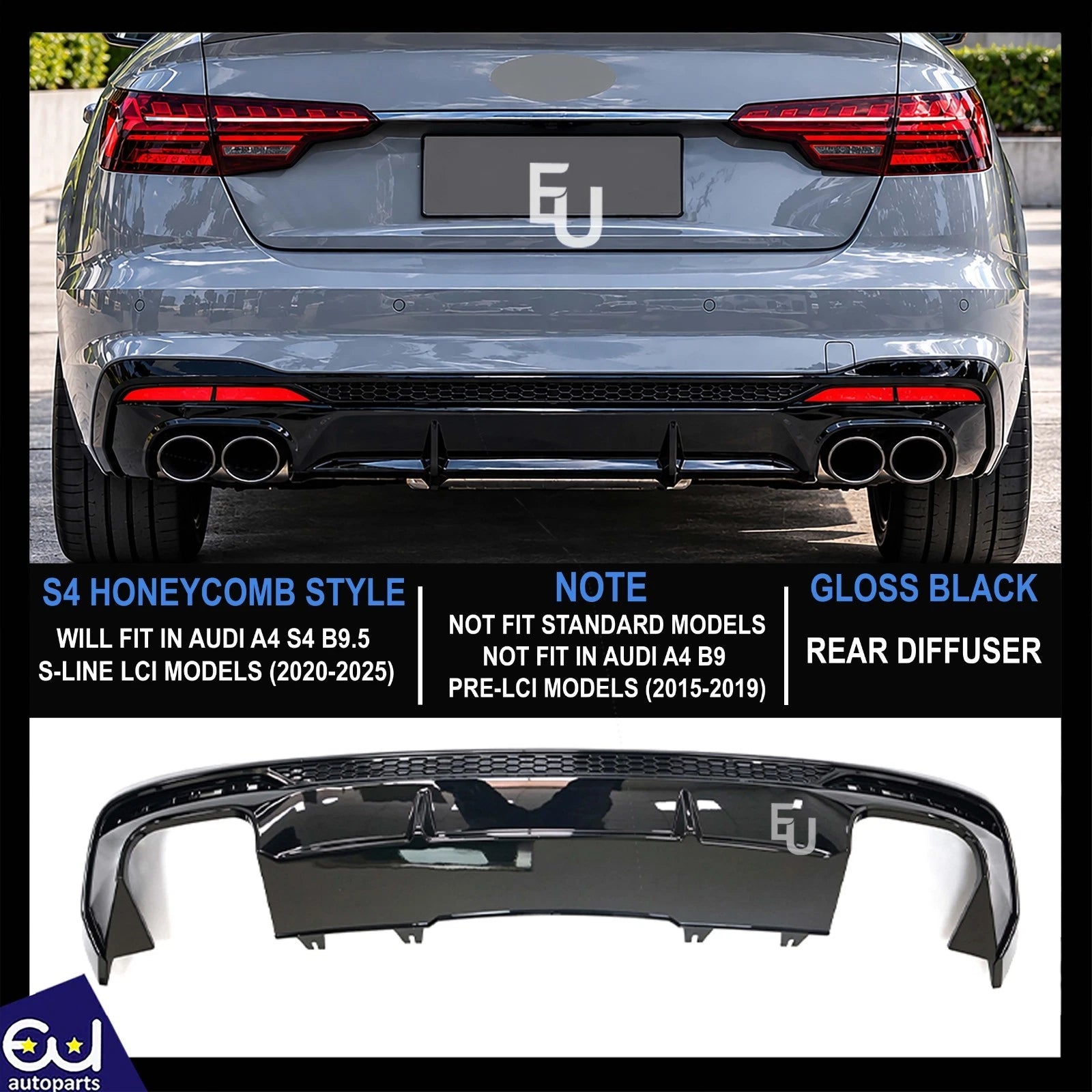 FOR AUDI A4 S4 B9.5 8W S-LINE FACELIFT LCI REAR BUMPER DIFFUSER BLACK 2020-2025