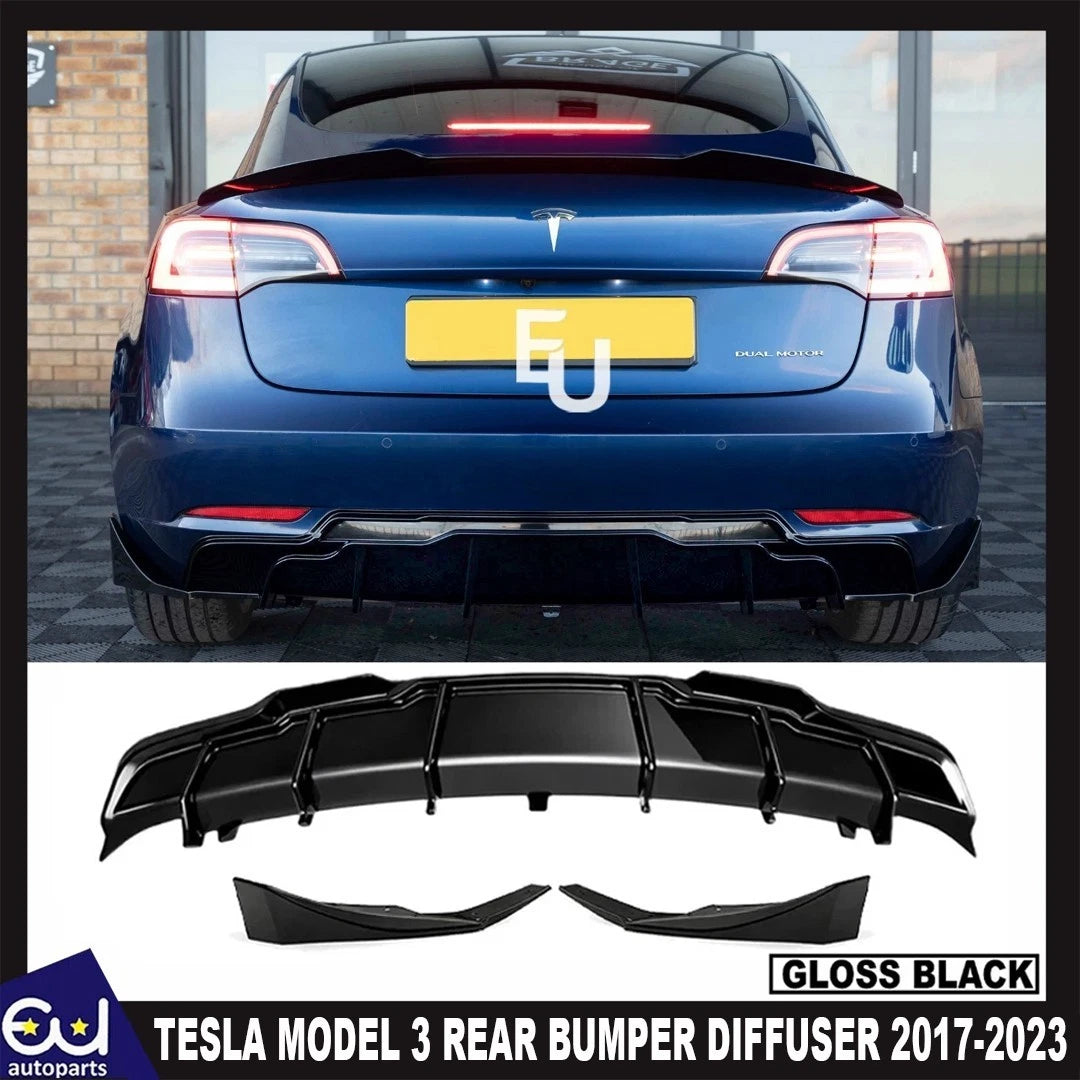 FOR TESLA MODEL 3 REAR BUMPER DIFFUSER LIP SPLITTER GLOSS BLACK 2017-2023