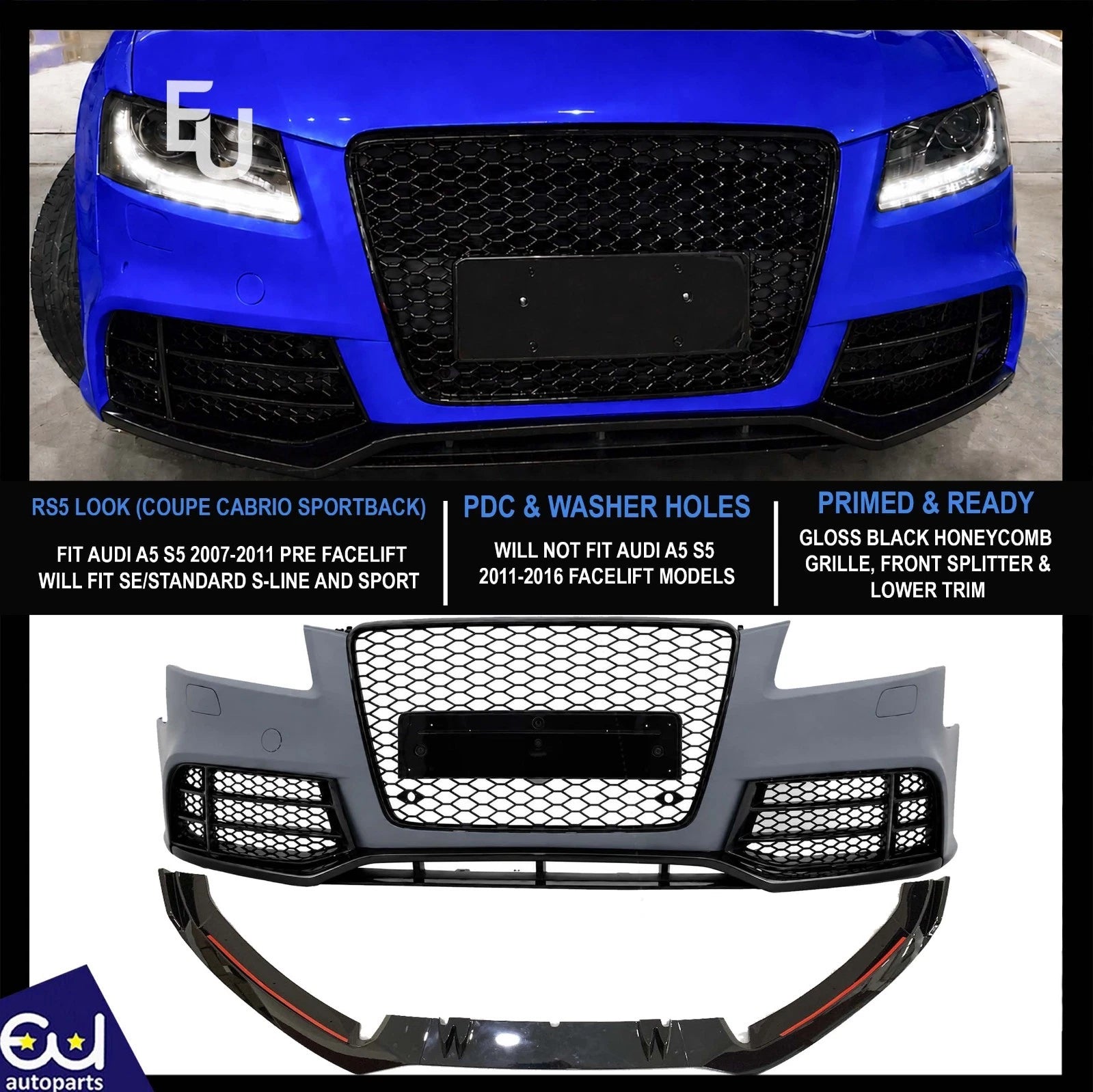 RS5 LOOK FRONT BUMPER BODYKIT SPLITTER FOR AUDI A5 S5 B8 COUPE SPORTBACK 2007-11