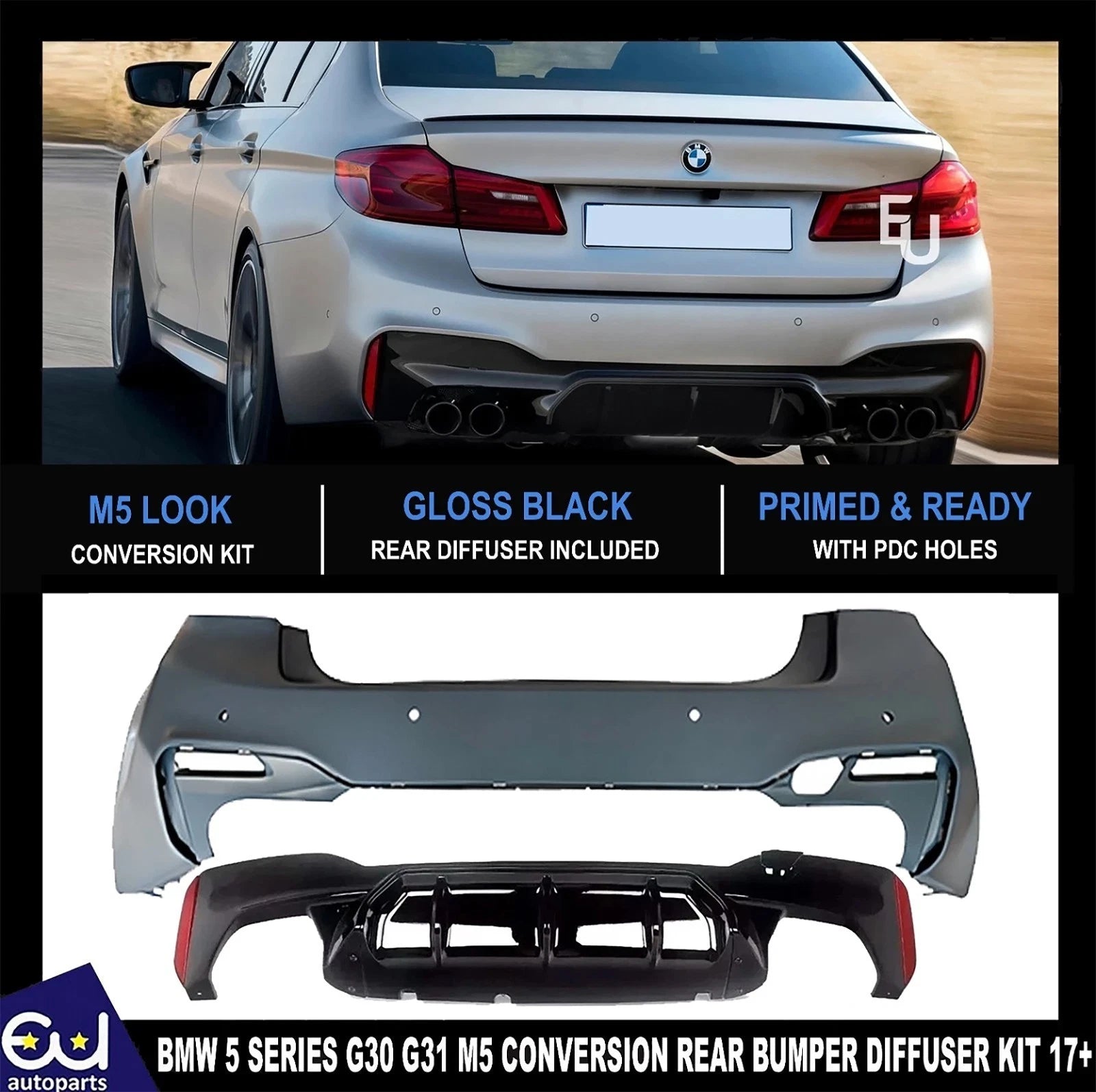 FOR BMW 5 SERIES G30 G31 2017+ M5 CONVERSION REAR BUMPER DIFFUSER BODYKIT PRIMED
