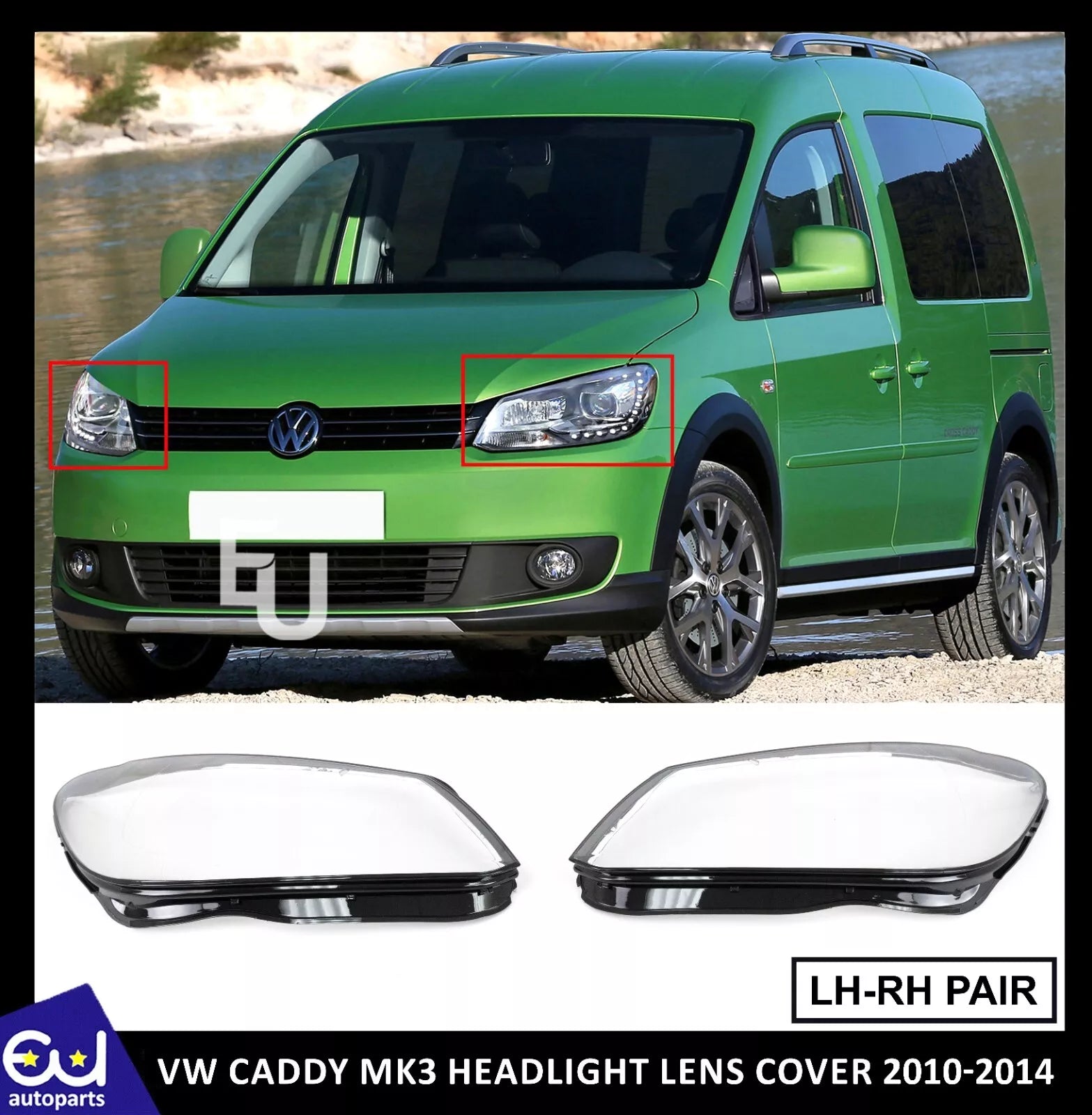 LEFT RIGHT SIDE PAIR HEADLIGHT LENS COVER LAMP FOR VW CADDY MK3 2010-2014