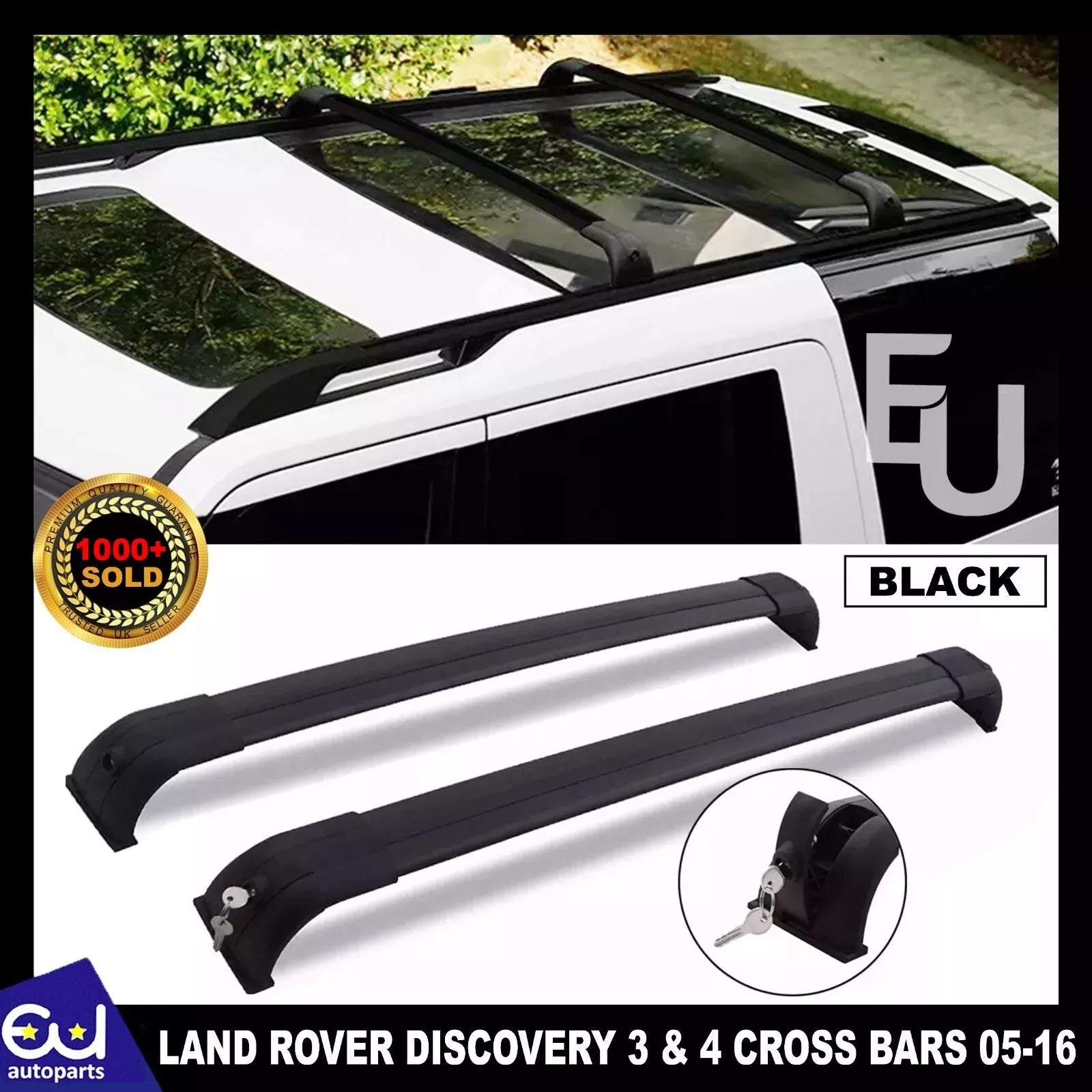 Black Roof Cross Bars For Land Rover Discovery 3 & 4 - Clamp-On Rails With Locks